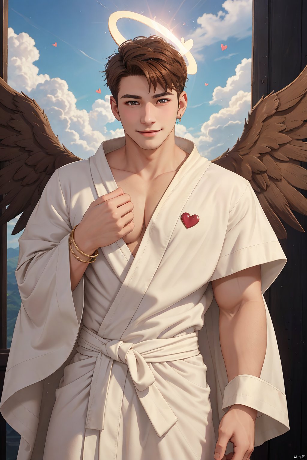 Photo of a man wearing cupid costume,(brown hair),wings,flying,halo,(white toga robe),armor,(surrounded by clouds),ethereal,(seductive smile:0.6),jewelry,heart,best quality,extremely detailed,intricate details,male focus,