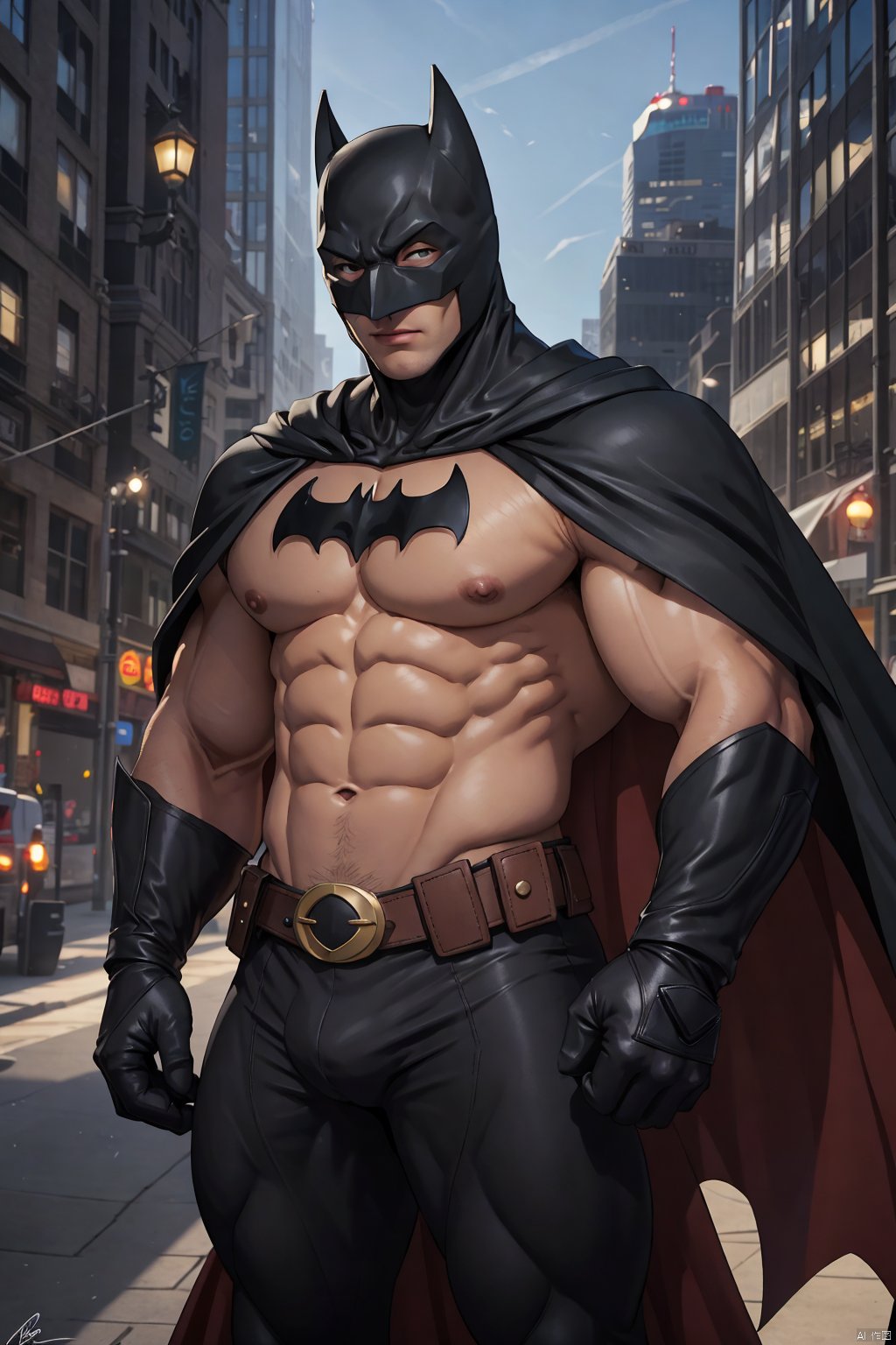 1boy,solo,Batman,male focus,cape,muscular,mask,gloves,bodysuit,belt,building,city,black cape,covered abs,clenched hands,looking at viewer,muscular male,skin tight,black gloves,pectorals,outdoors,clenched hand,closed mouth,standing,signature,abs,thighs,skyscraper,