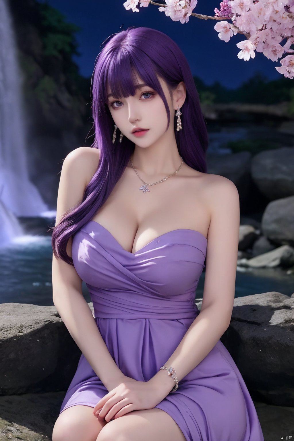 1girl, breasts, purple hair, jewelry, dress, long hair, cleavage, purple eyes, looking at viewer, solo, necklace, hair ornament, earrings, water, bare shoulders, large breasts, bracelet, purple dress, sitting, parted lips, flower, night, thighs, bangs, cherry blossoms, petals, waterfall, huge breasts, domineering lady,<lora:EMS-303737-EMS:0.800000>