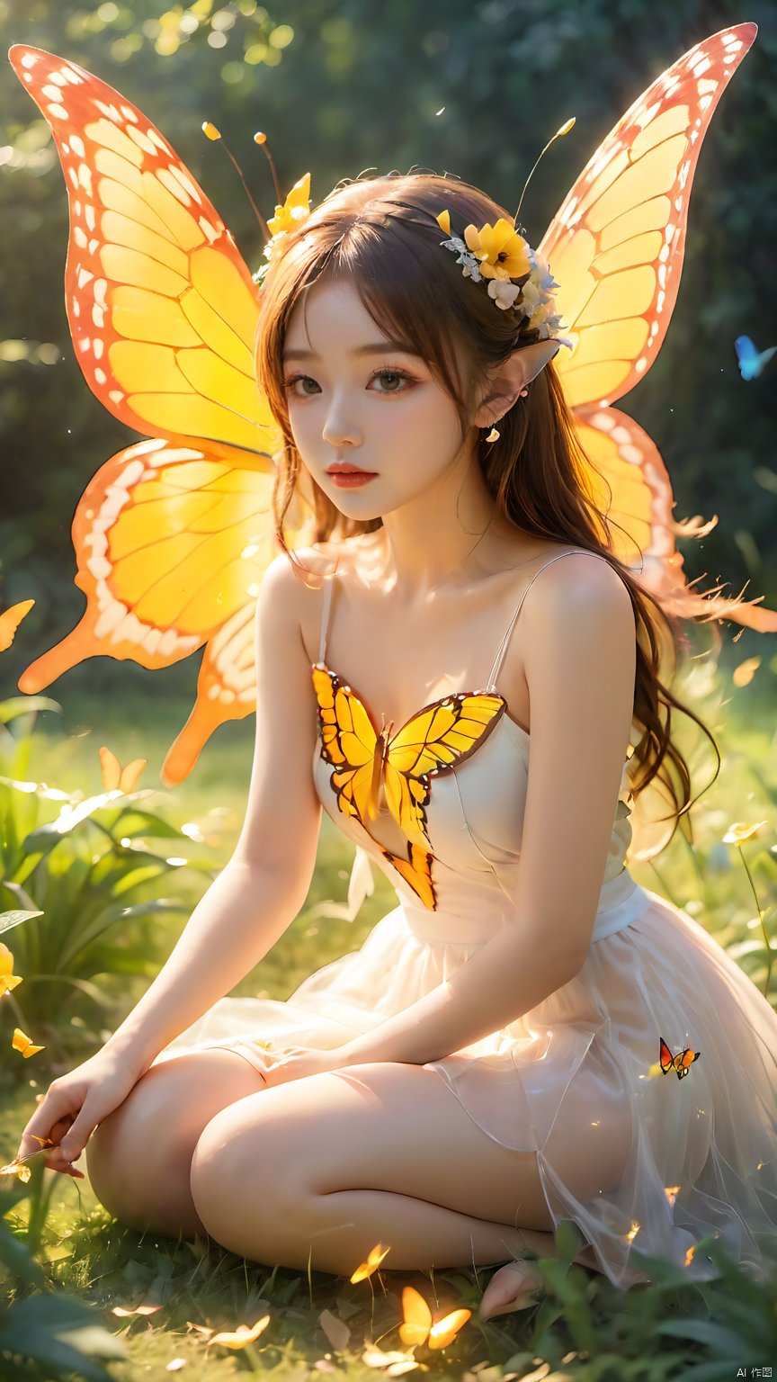  1girl,barefoot,butterfly,butterfly hair ornament,butterfly net,butterfly wings,dress,fairy,fairy wings,flower,glowing butterfly,Kneeling posture,hair ornament,grass,leaf,lips,long hair,Supporting hands on the ground,looking at viewer,nature,outdoors,plant,sitting,solo,white dress,wings,yellow flower