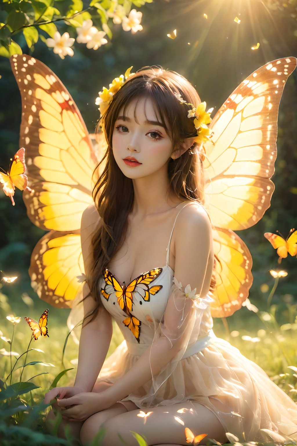 1girl,barefoot,butterfly,butterfly hair ornament,butterfly net,butterfly wings,dress,fairy,fairy wings,flower,glowing butterfly,Kneeling posture,hair ornament,grass,leaf,lips,long hair,Supporting hands on the ground,looking at viewer,nature,outdoors,plant,sitting,solo,white dress,wings,yellow flower