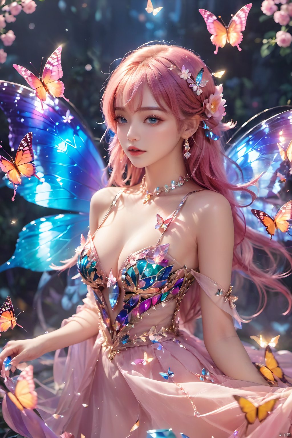 1girl, bangle, bangs, bare shoulders, blue eyes, breasts, cleavage, crystal,Colorful crystals,Crystal Headwear,There are many crystals on the clothes,Colorful gradient hair,Crystal Dress,Floating Colorful Crystal,Crystal on the body,Crystal necklace,Colorful crystal decoration,Crystal Girl, hair ornament, jewelry, long hair, looking at viewer, parted lips, pink hair, solo, blue wings, blurry, blurry background, brown hair, butterfly, butterfly hair ornament, butterfly on hand, butterfly wings, cleavage, fairy, fairy wings, flower, flying, glowing butterfly, glowing wings, 