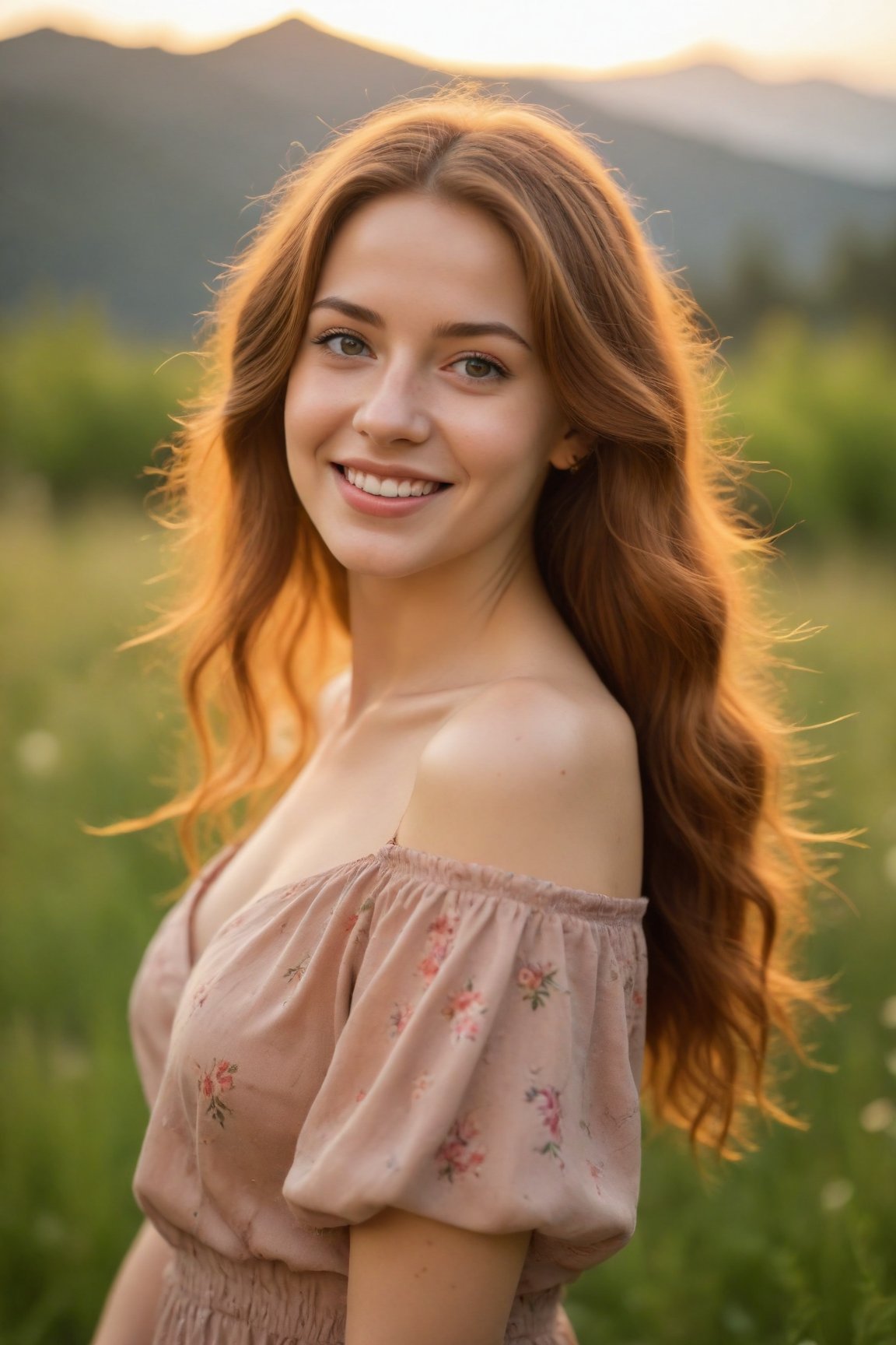 (best quality, 8k, highres, masterpiece:1.2), photorealistic, ultra-detailed, vibrant photography of a woman in nature, cute smile, dramatic lighting, finely detailed beautiful eyes, fine detailed skin, Natural scenery, majestic landscape, colorful flowers, distant mountains, flowing rivers, melting sunset, serene atmosphere, dazzling sunlight, blissful vibes, freckled face, luscious greenery, soft breeze, ethereal beauty