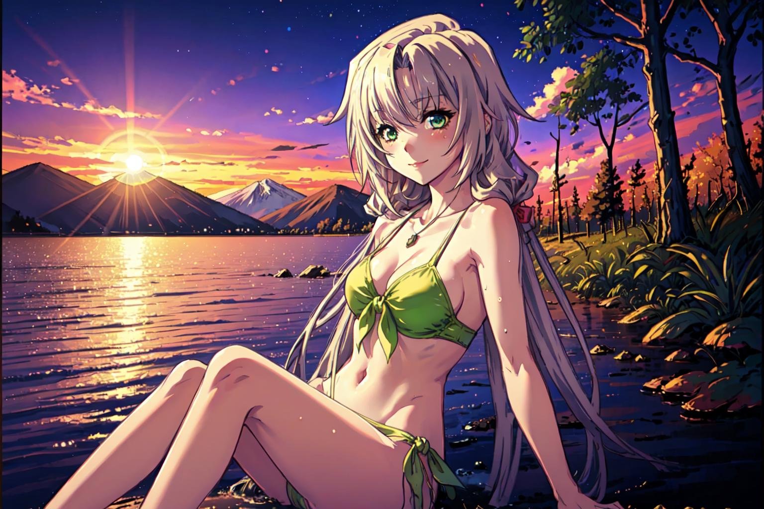 1 girl, serene expression, mesmerizing eyes, straight long hair, flowing dress, poised posture, porcelain skin, subtle blush, crystal pendant BREAK golden hour, (rim lighting):1.2, warm tones, sun flare, soft shadows, vibrant colors, painterly effect, dreamy atmosphere BREAK scenic lake, distant mountains, willow tree, calm water, reflection, sunlit clouds, peaceful ambiance, idyllic sunset, ultra detailed, official art, unity 8k wallpaper , zentangle, mandala,kagamigawa chloe, swimsuit, lying, light smile, 