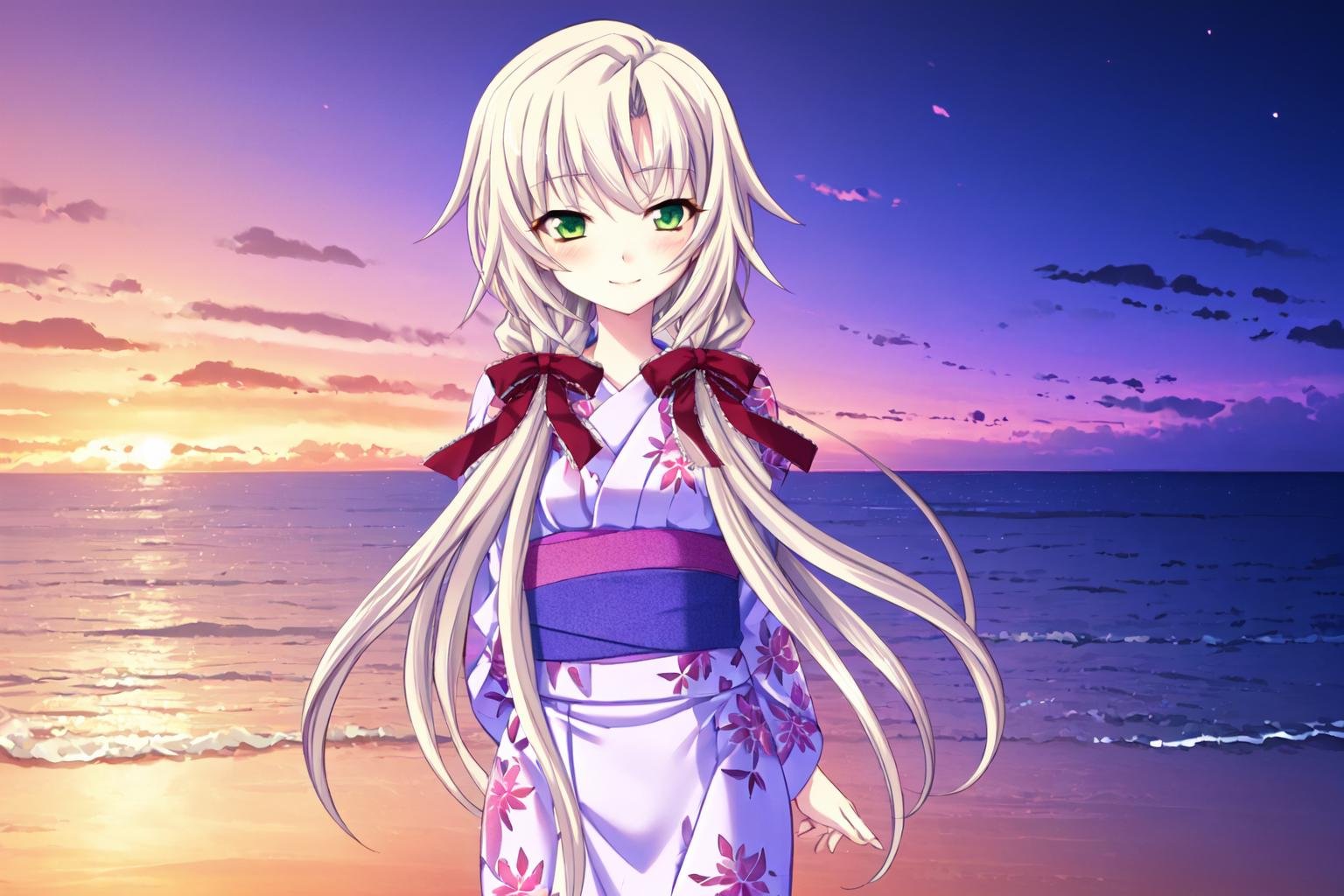 kagamigawa chloe, yukata,1girl, solo,sky, blush,arms behind back, sunset,ocean, light smile, 