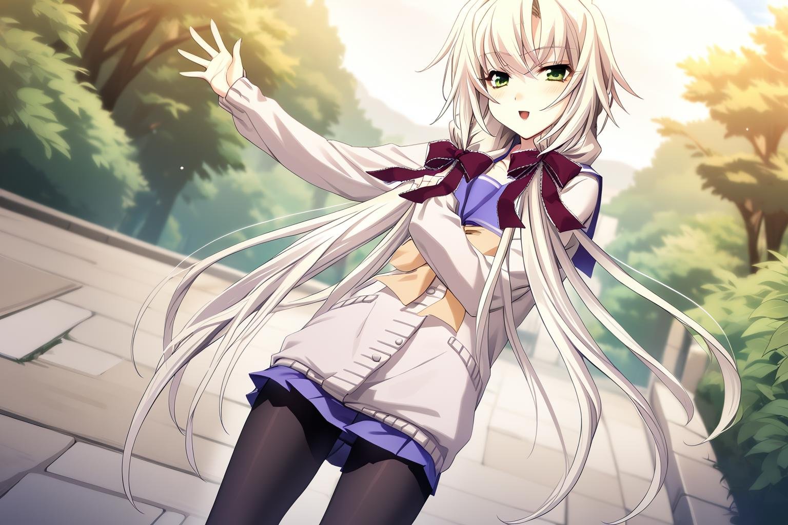 1girl,kagamigawa chloe,sumisora uniform,pantyhose,hair ribbon,solo,masterpiece,best quality,game cg,looking at viewer,standing,outdoors,waving,<lora:KagamigawaChloeXL:1>,