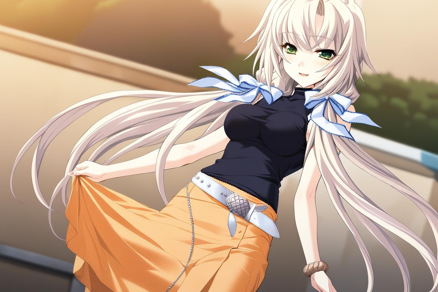 1girl,kagamigawa chloe,black vest,orange long skirt,white belt,hair ribbon,solo,smile,masterpiece,best quality,game cg,hair blowing with the wind,<lora:KagamigawaChloeXL:1>,