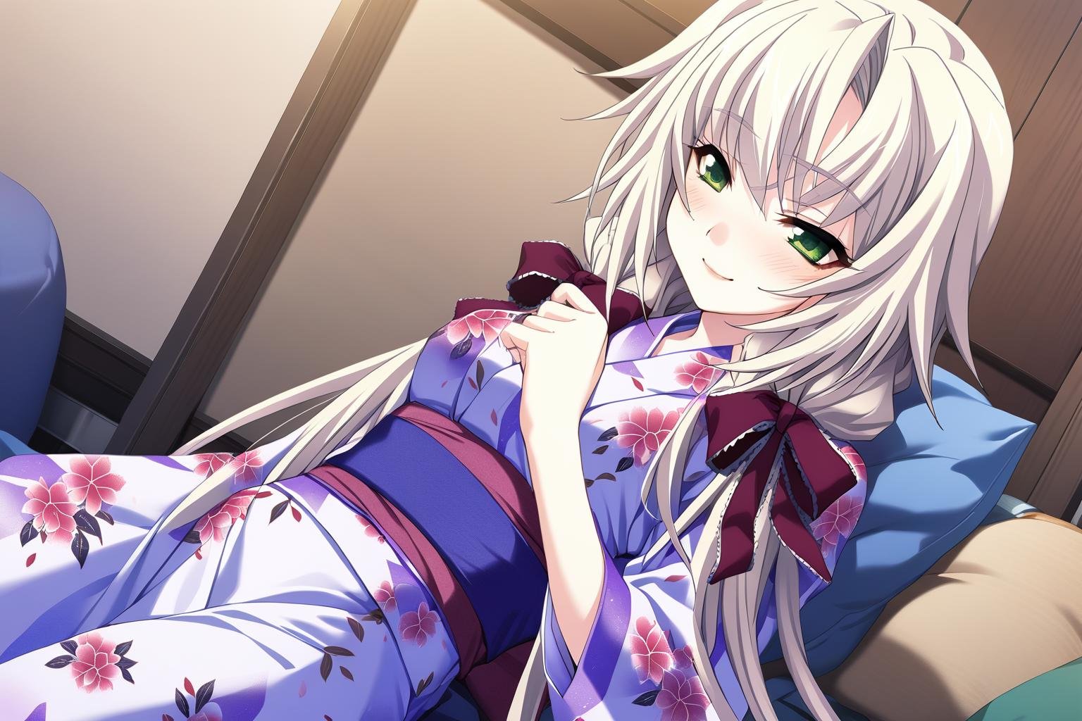 1girl,kagamigawa chloe,yukata,solo,smile,hair ribbon,blush,masterpiece,best quality,game cg,<lora:KagamigawaChloeXL:1>,