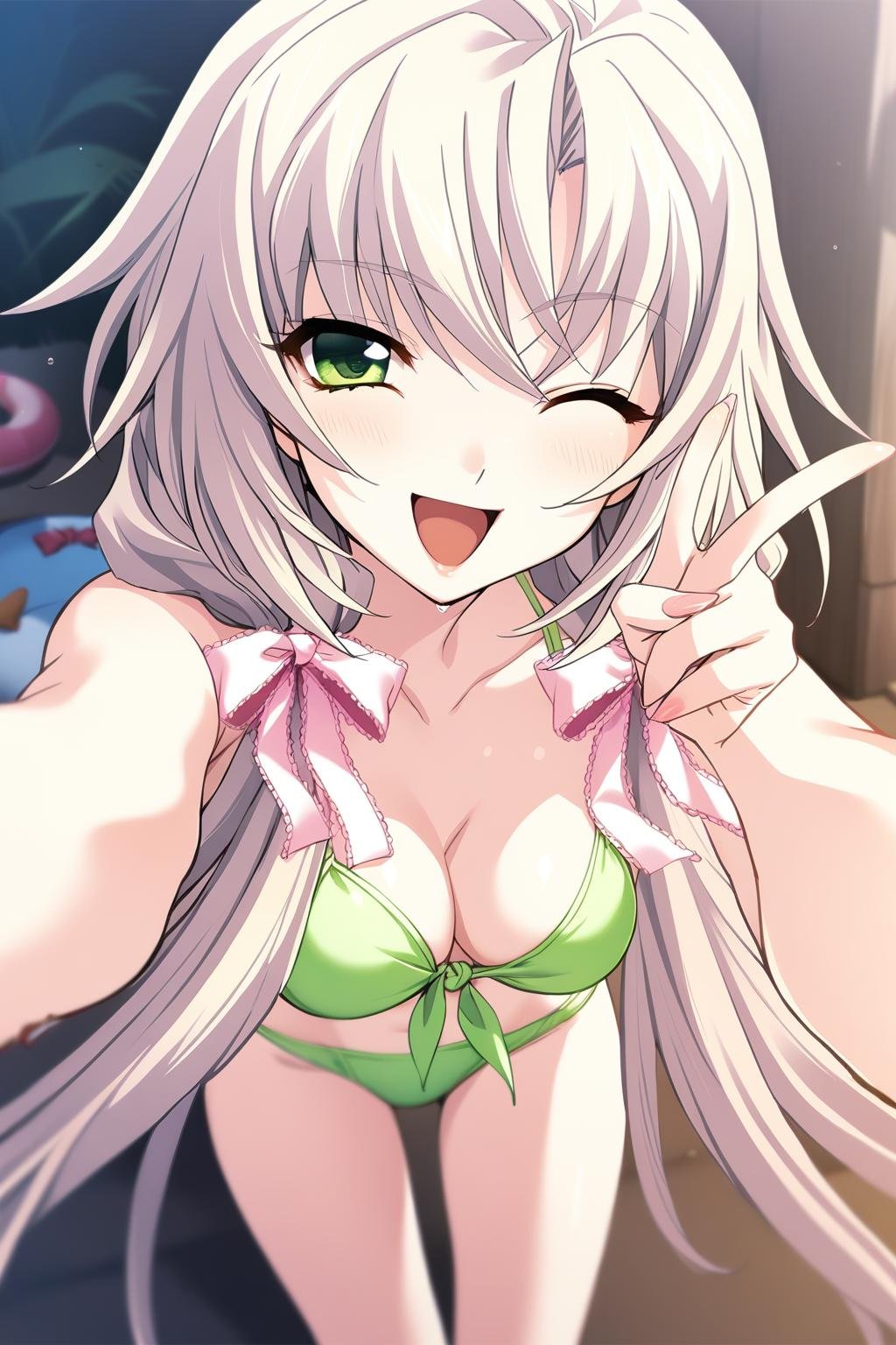 1girl,kagamigawa chloe,swimsuit,pink hair ribbon,solo,smile,masterpiece,best quality,game cg,one eye closed,solo,smile,open mouth,v,<lora:KagamigawaChloeXL:1>,