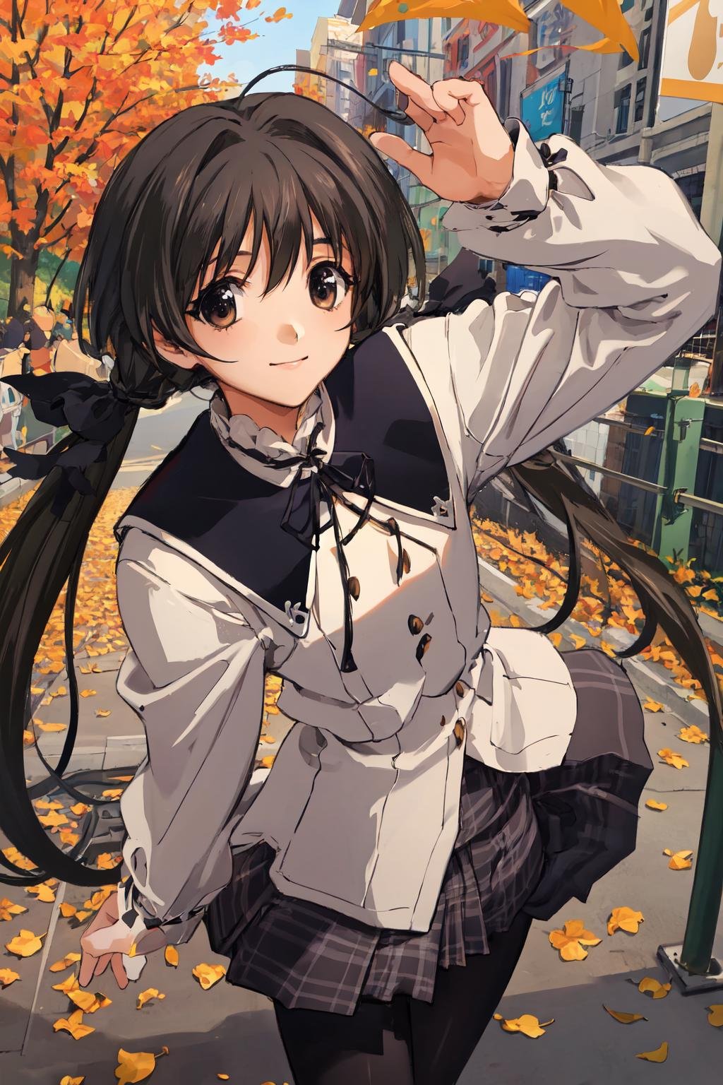 shirakawa hotaru, black hair ribbon, 1girl, autumn uniform, solo, (masterpiece,best quality:1.2),pantyhose, long sleeves, light smile, 