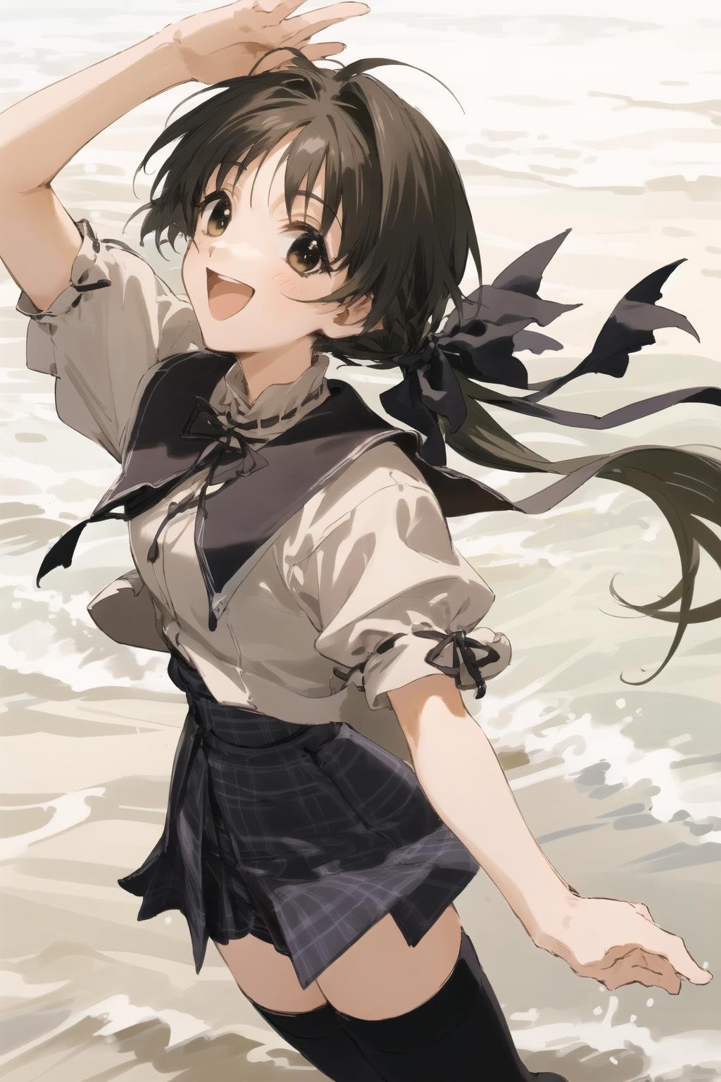 shirakawa hotaru, black hair ribbon, 1girl, summer uniform, (masterpiece,best quality:1.2),open mouth, smile, ^ ^,short sleeves, thighhighs, plaid skirt, 