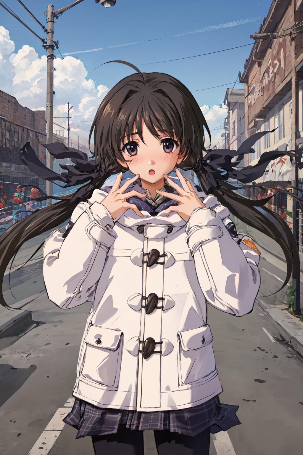 shirakawa hotaru, black hair ribbon, 1girl, winter coat, solo, (masterpiece,best quality:1.2),blush,open mouth