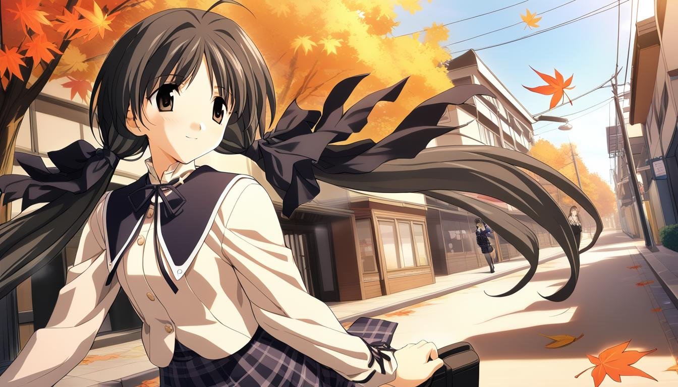 1girl,shirakawa hotaru, autumn uniform, black hair ribbon, long sleeves,plaid skirt,masterpiece,solo, best quality, game cg, light smile,street, falling maple leaf,  <lora:ShirakawaHotaruXL:1>