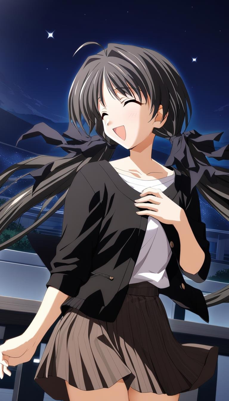 1girl,shirakawa hotaru,daily dress, black hair ribbon,A black jacket with one button fastened,brown skirt,masterpiece,solo, best quality, game cg, light smile, night, star \(sky\), ahoge, happy, open mouth, sky, smile, ^ ^, night sky, starry sky, v<lora:ShirakawaHotaruXL:1>