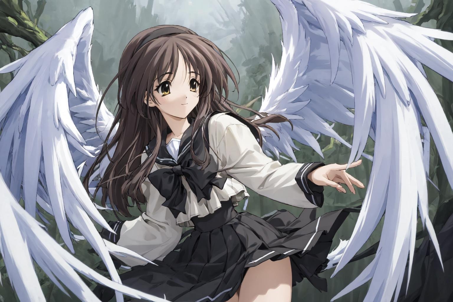 ayaka hizuki, white uniform,hairband, wings, 1girl, solo, masterpiece, best quality,light smile, 