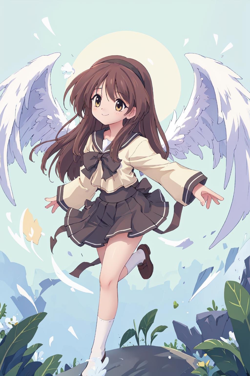 ayaka hizuki,white uniform,WINGS,HAIRBAND,1girl, solo, masterpiece, best quality,light smile,