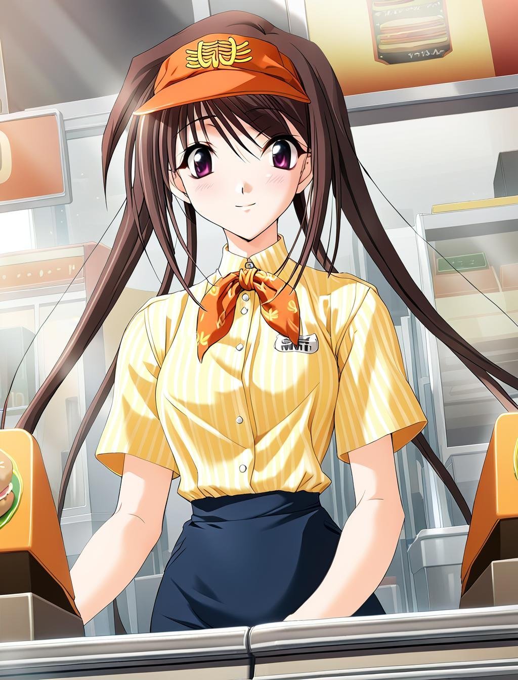 1girl,Hina Asuka,yellow employee uniform,visor cap,blue skirt,light smile,Burger Shop,name tag,masterpiece,solo,best quality,game cg,(illustration:1.2),(extremely fine and beautiful),(perfect details),(unity CG 8K wallpaper:1.05),(ray tracing),(beautiful and clear background:1.25),(depth of field:0.6). (detailed beautiful eyes:1.2),(beautiful face:1.2),<lora:HinaAsukaXL:1>,