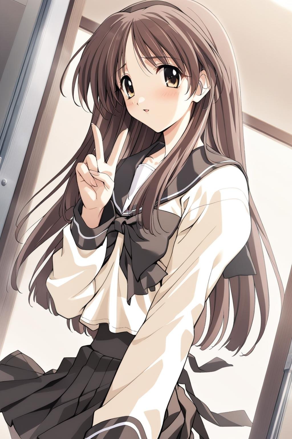 1girl,ayaka hizuki,school uniform,black skirt,solo,masterpiece,best quality,game cg,^ ^,v,looking at viewer,<lora:AyakaHizukiXL:1>,