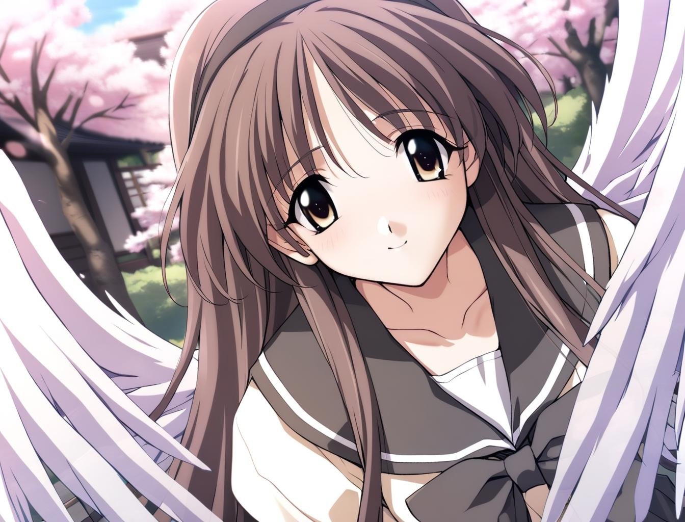 1girl,ayaka hizuki,memories off,school uniform,she has a pair of huge symmetrical wings on her back,hairband,black collar with a white stripe,black bowtie on the chest,solo,masterpiece,best quality,game cg,cherry blossoms,outdoors,light smile,<lora:AyakaHizukiXL:1>,