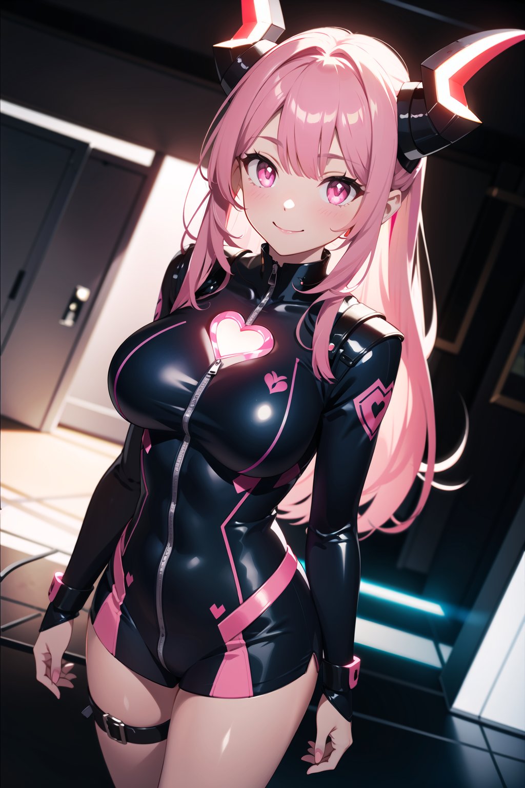 (heart-shaped pupils, heart effect, pink glowing eye:1.3), 1 adult woman, (2horns, pink long hair, pink eyes, best smile:1.2), large breasts, (dynamic lighting, dramatic shadows, cinematic lighting, reflected light, natural lighting, film Reflection, colorful refraction, light particles, bloom, illusion effect:1.1), standing, (realistic, photo realistic, 2.5D, 3D, photo:1.2)