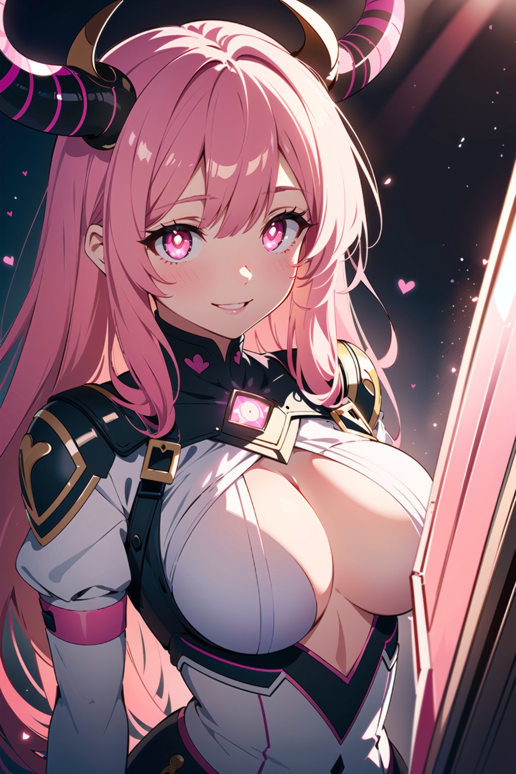 (heart-shaped pupils, heart effect, pink glowing eye:1.3), 1 adult woman, (2horns, pink long hair, pink eyes, best smile:1.2), large breasts, (dynamic lighting, dramatic shadows, cinematic lighting, reflected light, natural lighting, film Reflection, colorful refraction, light particles, bloom, illusion effect:1.1)