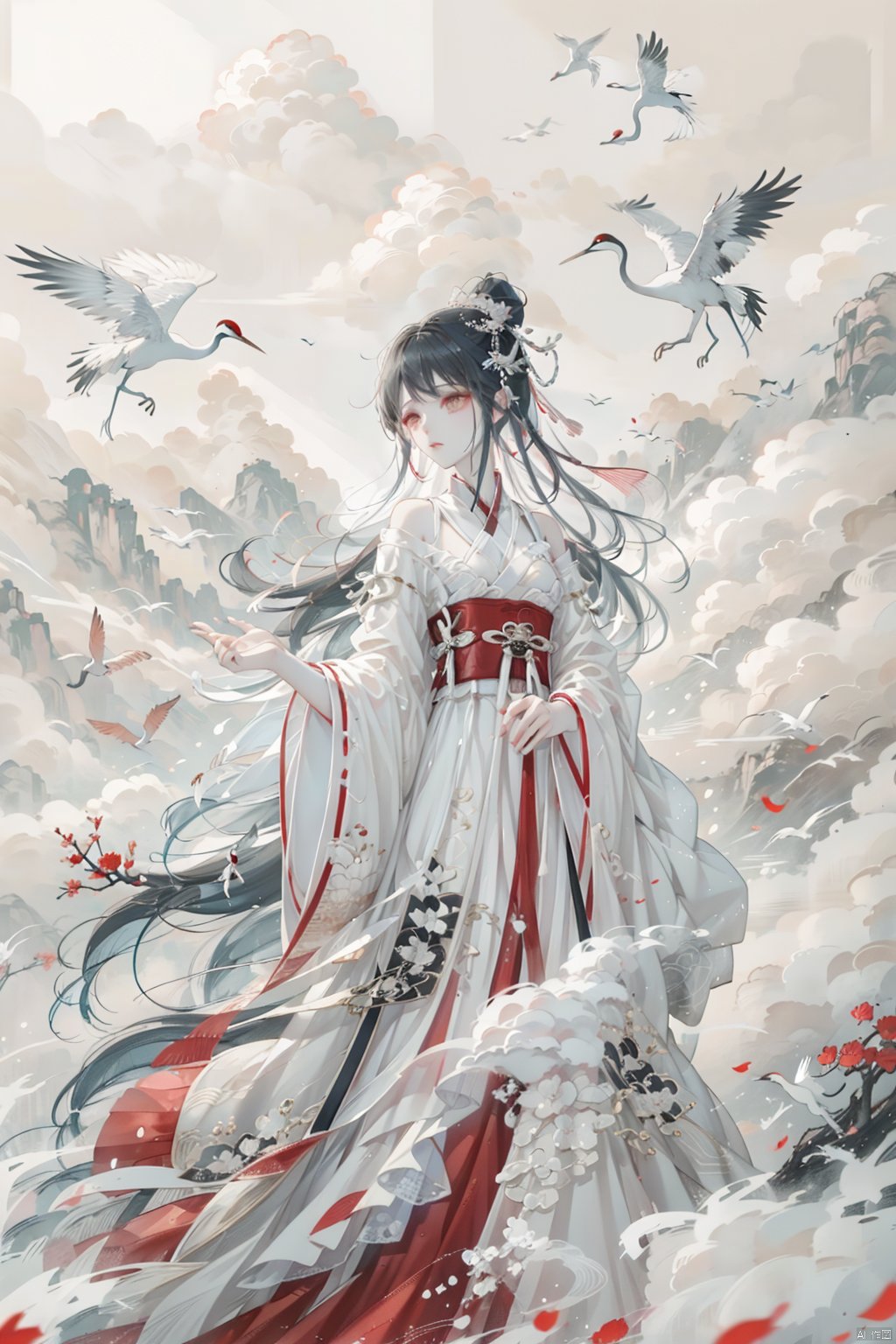  xianjing,1girl,solo,long hair,black hair,long sleeves,dress,single hair bun,branch,crane, xianjing, liuguang, fanxing,Red Hanfu long skirt, fanxing,smoke,cloud, fanxing,half body,Gaze at the audience