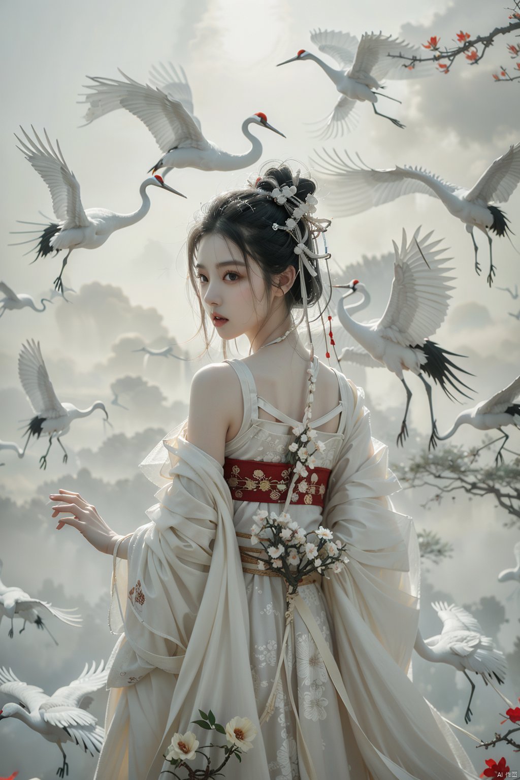 a girl,xianjing,Off-the-shoulder, white sling, bust photo,upper body,Hanfu, Cloud, Smoke,branch,flower,crane, xianjing