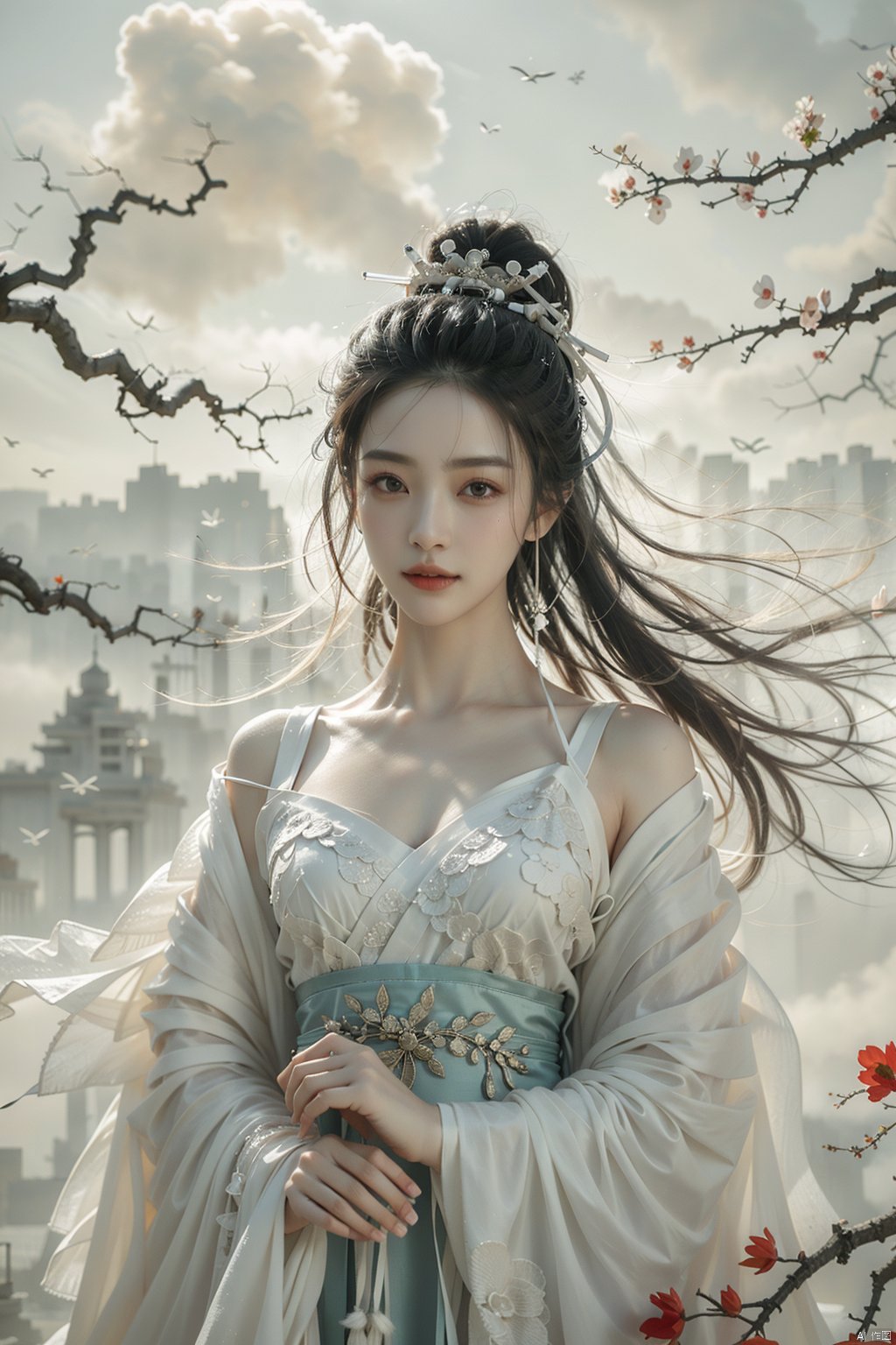  a girl,xianjing,Off-the-shoulder, white sling, bust photo,upper body,Hanfu, Cloud, Smoke,branch,flower, smile,Gaze at the audience