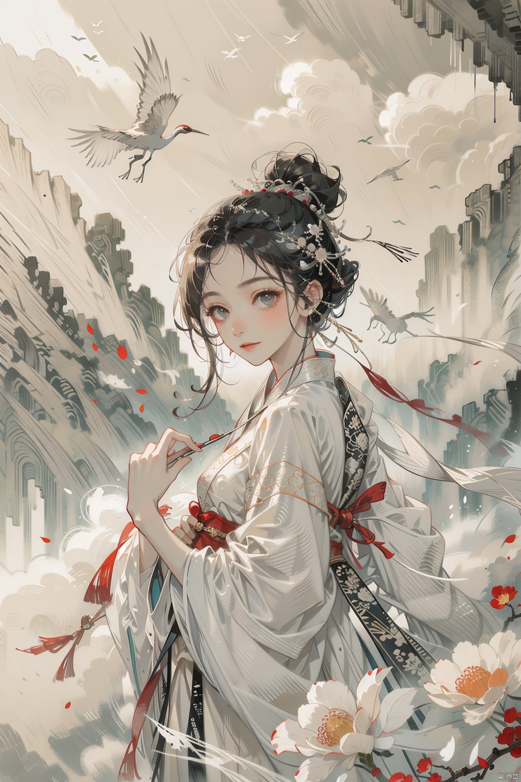  a girl,xianjing, white sling, bust photo,upper body,Hanfu, Cloud, Smoke,branch,flower, smile,Gaze at the audience,Hanfu, China clothing, 1girl