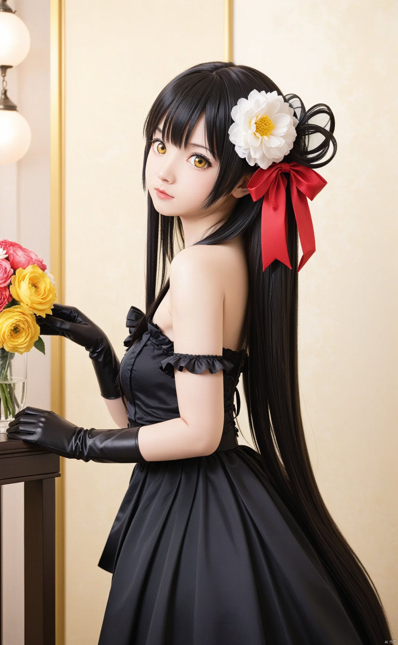 masterpiece,best quality,very long hair,cowboy shot,4349,1girl,letterboxed,solo,long_hair,yellow_eyes,black_hair,dress,looking_at_viewer,very_long_hair,bare_shoulders,ribbon,flower,hair_ornament,hair_flower,black_dress,gloves,frills,red_ribbon,elbow_gloves,bubble,hair_ribbon,bow,from_side,bangs,akemi_homura,