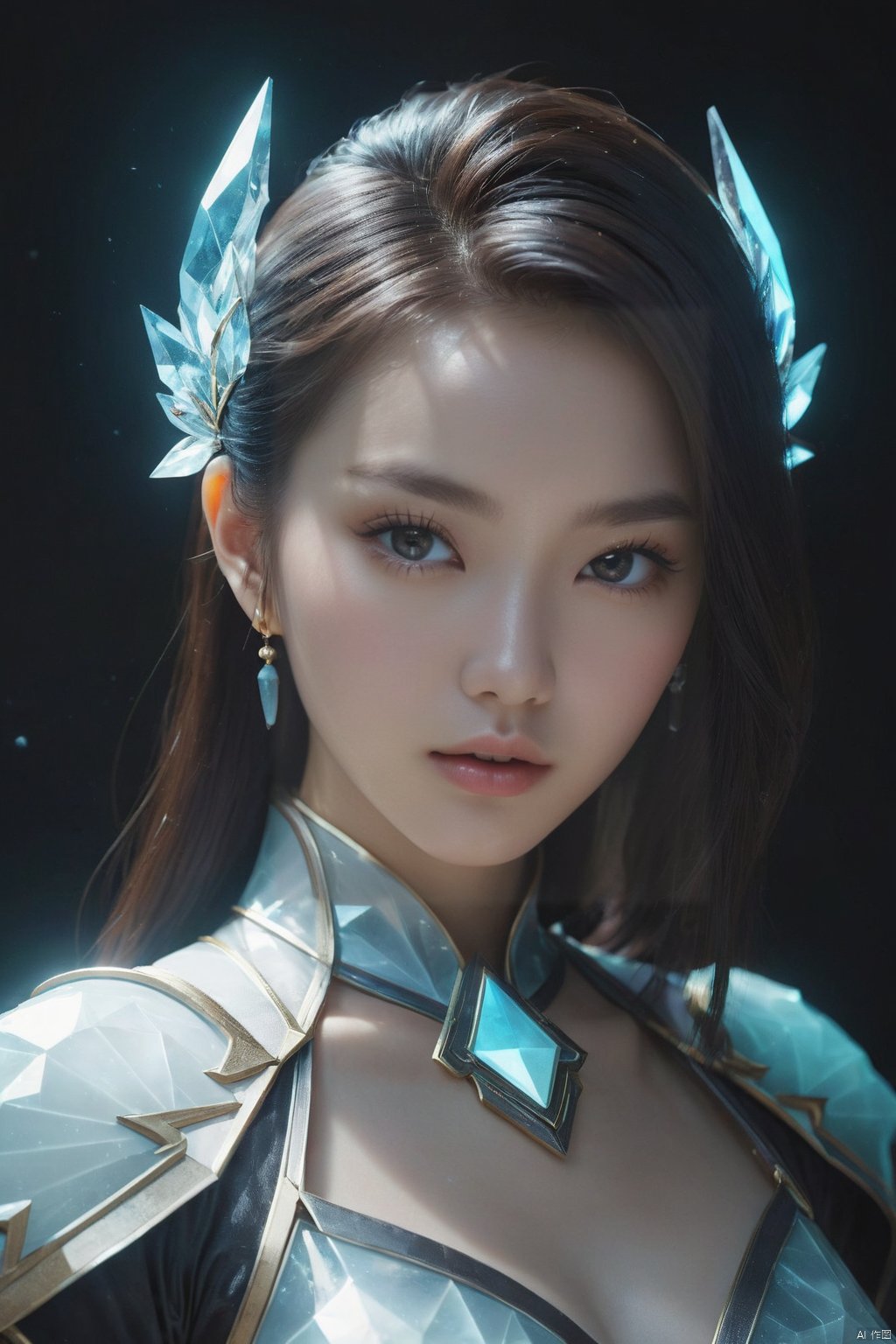  cinematic, fashion photo of a beautiful girl named yang ying in the style of neomorphism, the transformation of minerals into polymorphs, glowing crystals, hyper detailed, photorealistic, detailed glow, ambient occlusion, ambient light