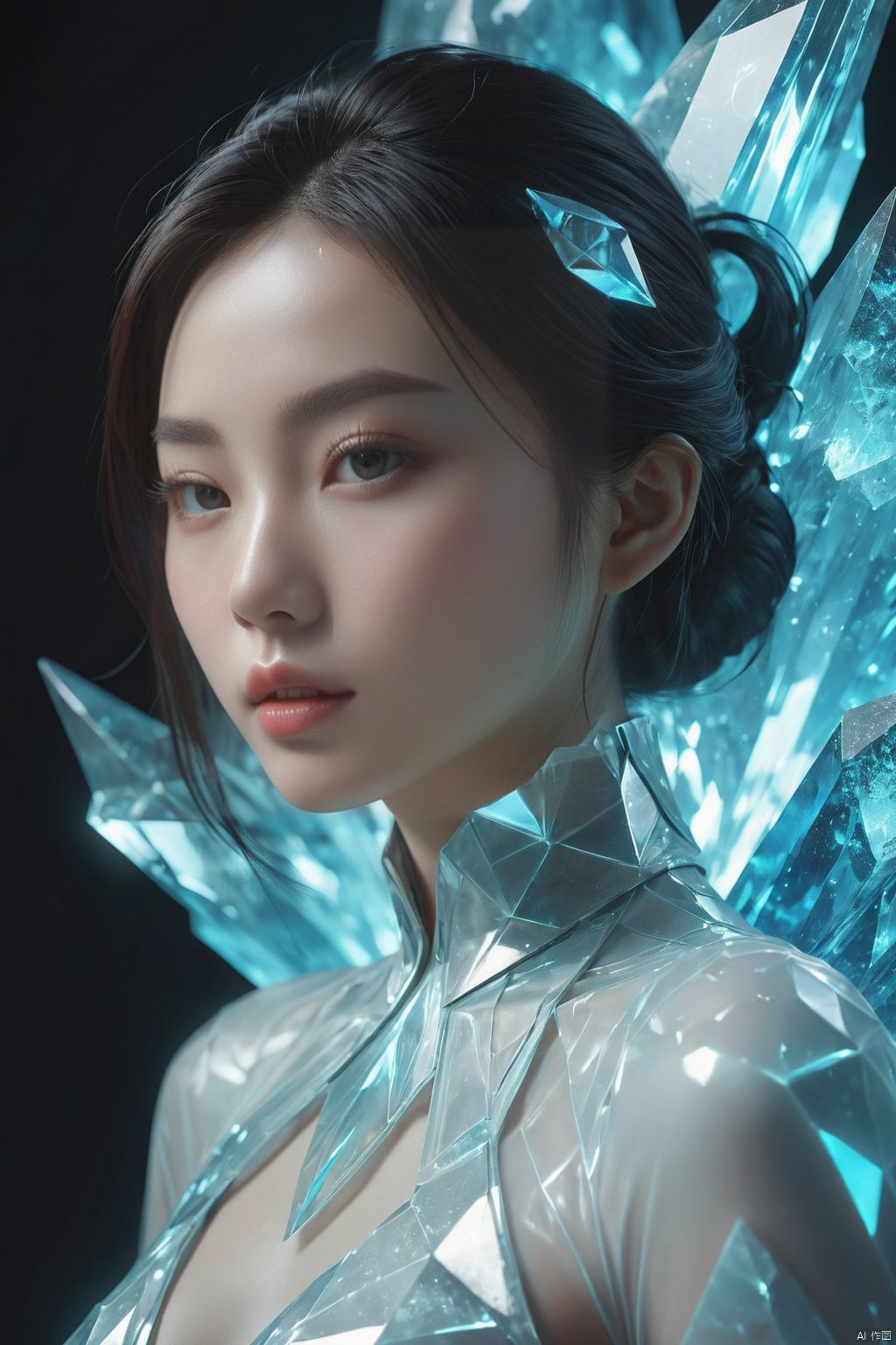  cinematic, fashion photo of a beautiful girl named yang ying in the style of neomorphism, the transformation of minerals into polymorphs, glowing crystals, hyper detailed, photorealistic, detailed glow, ambient occlusion, ambient light