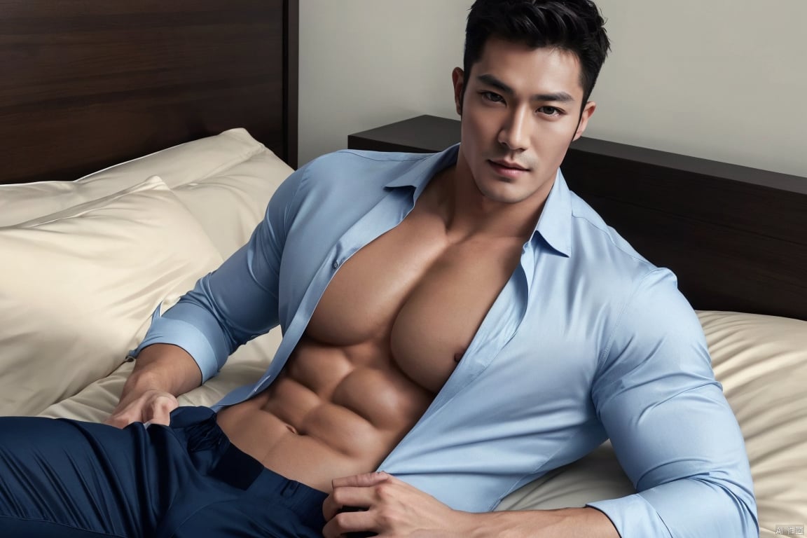  jzns,1man,male focus,asian,exquisite facial features,handsome,fashion forward,unbuttoned shirt,pants,bulge,pectoralis,cleavage cutout,lying on bed,masterpiece, realistic, best quality, highly detailed,