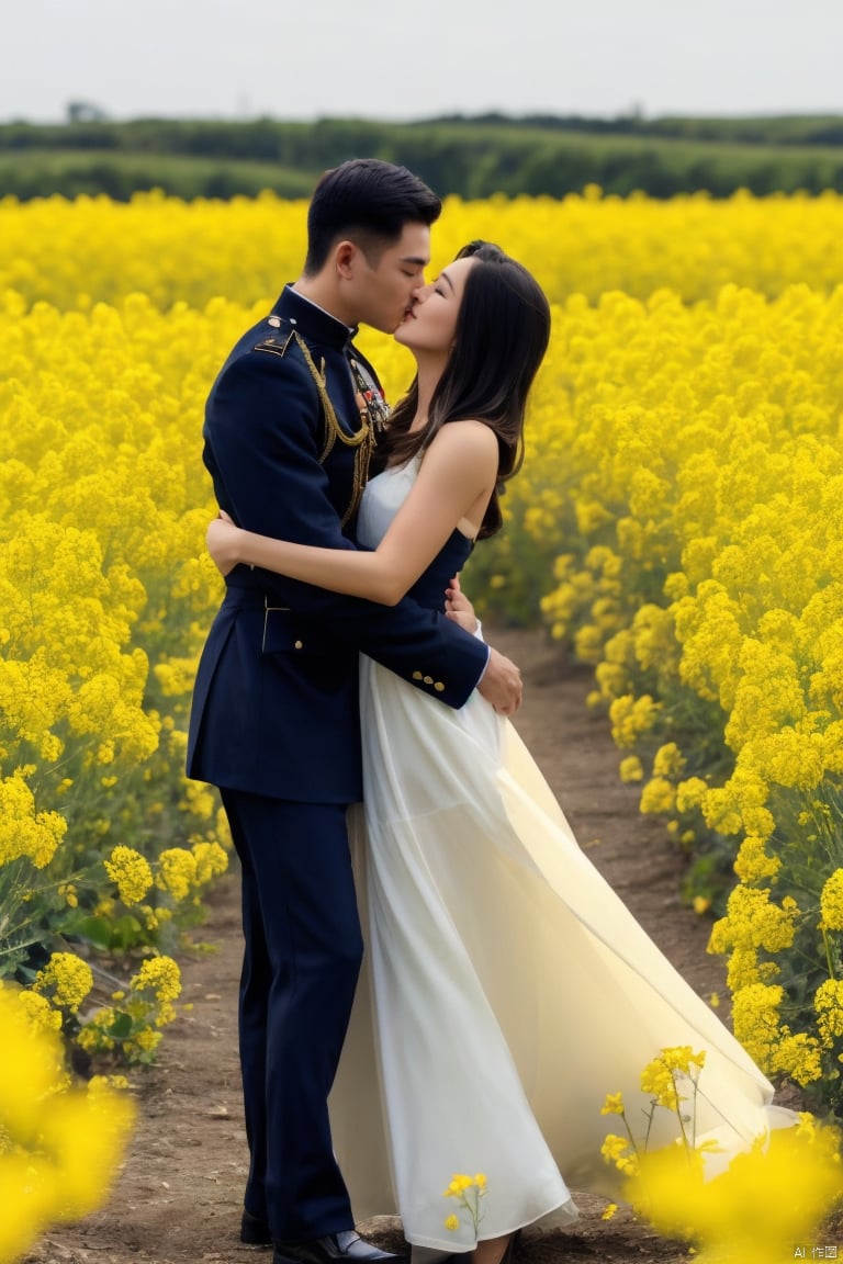  👫,a Handsome man and a sexy woman hugging together,imminent kiss,,standing gracefully among canola flower, a high-definition photo, Asian,exquisite facial features,(muscular man, wearing military_uniform), (slim woman, wearing evening_gown,black pantyhose), face to face, affectionate, charming eyes, outdoors, soft lighting,(masterpiece, realistic, Realism, best quality, highly detailed, 8K Ultra HD, sharp focus, profession),plns, jzns