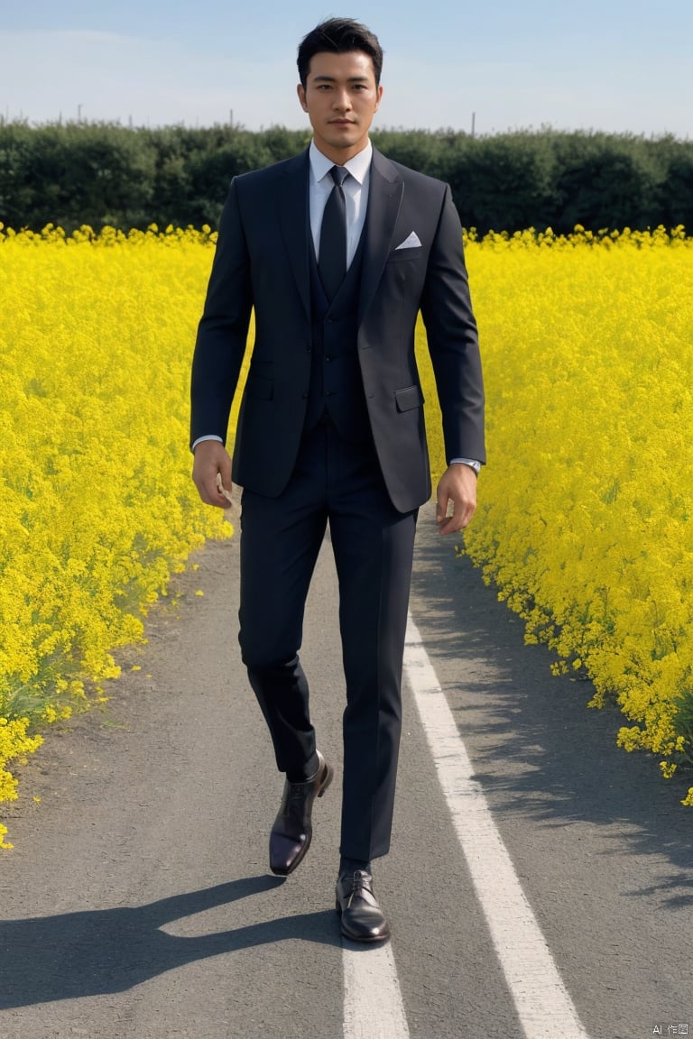  jzns,1man,male focus,asian,exquisite facial features,handsome,eye-catching,confident,formal suit,shirt,necktie,pants,formal sheer socks,watch,footwear,fashion forward,graceful yet melancholic posture,standing in gracefully among canola flower,Volumetric lighting,looking at viewer,this photo was taken by Greigg Ruttkowski at Artstation