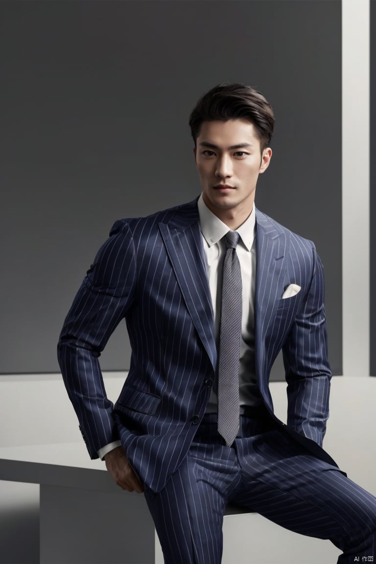  jzns,1man,male focus,asian,exquisite facial features,handsome,eye-catching,confident,stripe suit,shirt,necktie,fashion forward,sitting,graceful yet melancholic posture,Volumetric lighting,simple background,looking at viewer,(masterpiece, realistic, best quality, highly detailed),