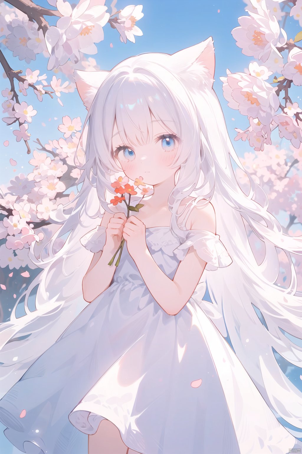 The image features a beautiful anime girl dressed in a flowing white and red dress, standing amidst a flurry of red cherry blossoms. The contrast between her white dress and the red flowers creates a striking visual effect. The lighting in the image is well-balanced, casting a warm glow on the girl and the surrounding flowers. The colors are vibrant and vivid, with the red cherry blossoms standing out against the white sky. The overall style of the image is dreamy and romantic, perfect for a piece of anime artwork. The quality of the image is excellent, with clear details and sharp focus. The girl's dress and the flowers are well-defined, and the background is evenly lit, without any harsh shadows or glare. From a technical standpoint, the image is well-composed, with the girl standing in the center of the frame, surrounded by the blossoms. The use of negative space in the background helps to draw the viewer's attention to the girl and the flowers. The cherry blossoms, often associated with transience and beauty, further reinforce this theme. The girl, lost in her thoughts, seems to be contemplating the fleeting nature of beauty and the passage of time. Overall, this is an impressive image that showcases the photographer's skill in capturing the essence of a scene, as well as their ability to create a compelling narrative through their art.catgirl,loli,catgirl,white hair,blue eyes,
