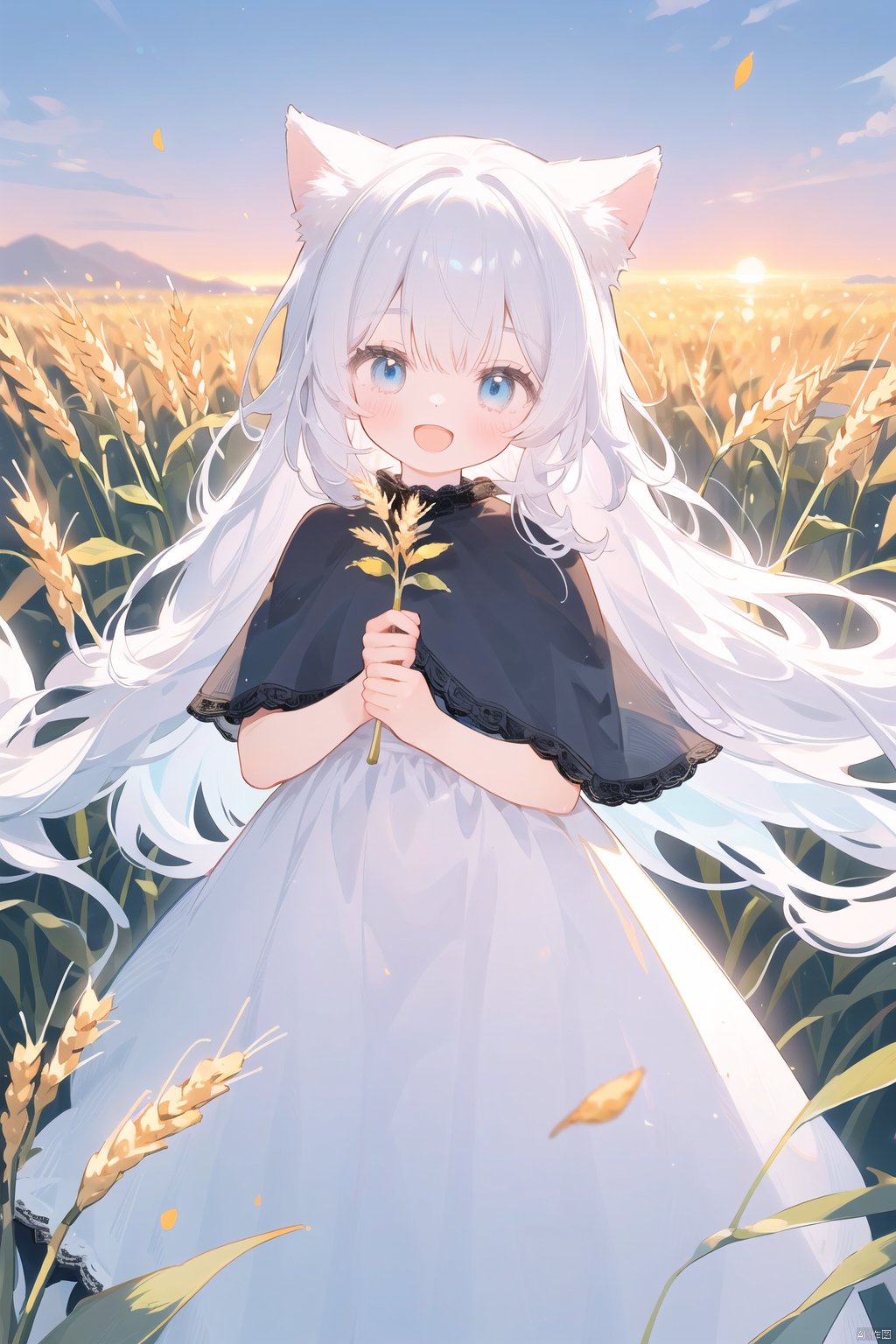  (drawn by Lynn Okamoto),center frame, sharp focus, (panorama, wide shot), best quality, masterpiece, extremely detailed, detailed background, (from above:1.2), 1girl, catgirl,solo,loli,blue eyes,white hair, closed one eye, smile, open mouth, skirt, long hair, wavy hair, on side, fluffy hair, , french , blush, smile, capelet, lace trim, bodice, sunset, long dress, dusk, scenery, gold sky, high place, horizon, wheat field, wheat ears, wind, wind blow, looking at viewer, (depth of field), bokeh, (holding a flower:1.3), (holding:1.2),(medium):0.5,
