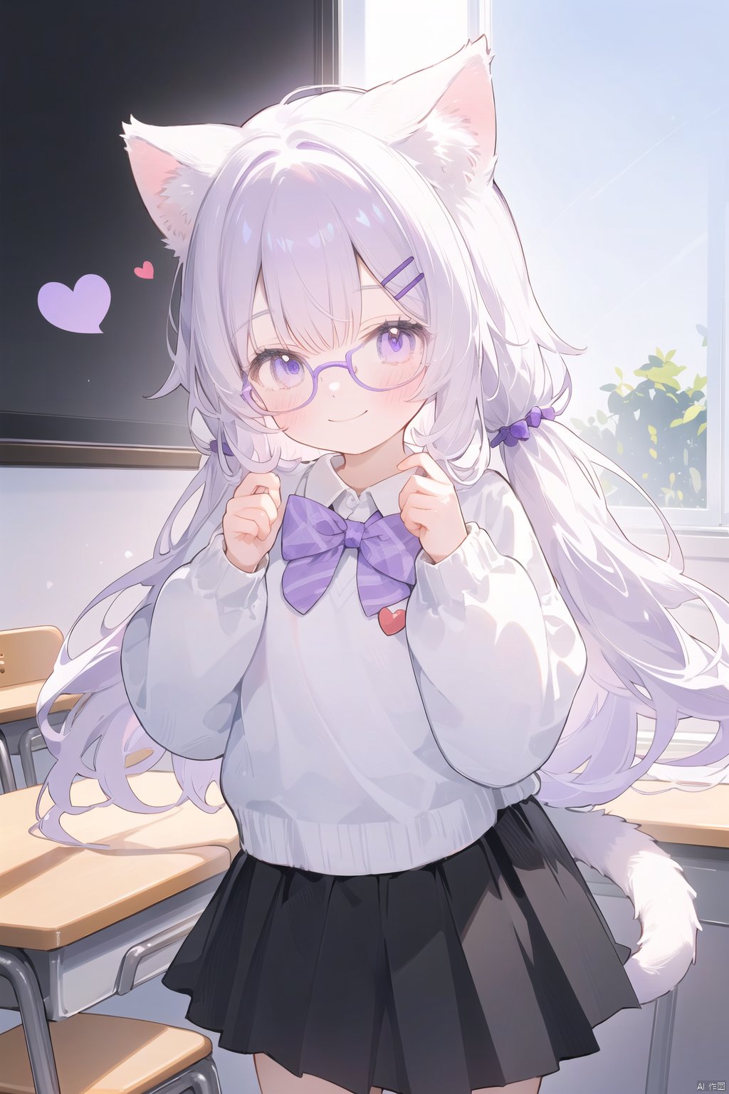 1girl, solo, long hair, looking at viewer, blush, smile, bangs, skirt, brown hair, shirt, hair ornament, long sleeves, animal ears, closed mouth, school uniform, purple eyes, tail, purple hair, heart, multicolored hair, pleated skirt, one eye closed, glasses, hairclip, cat ears, black skirt, sweater, streaked hair, cat tail, animal ear fluff, sleeves past wrists, hands up, leaning forward, cat girl, desk, grey skirt, black-framed eyewear, school desk, black sweater, tail raised, chalkboard, diagonal stripe
