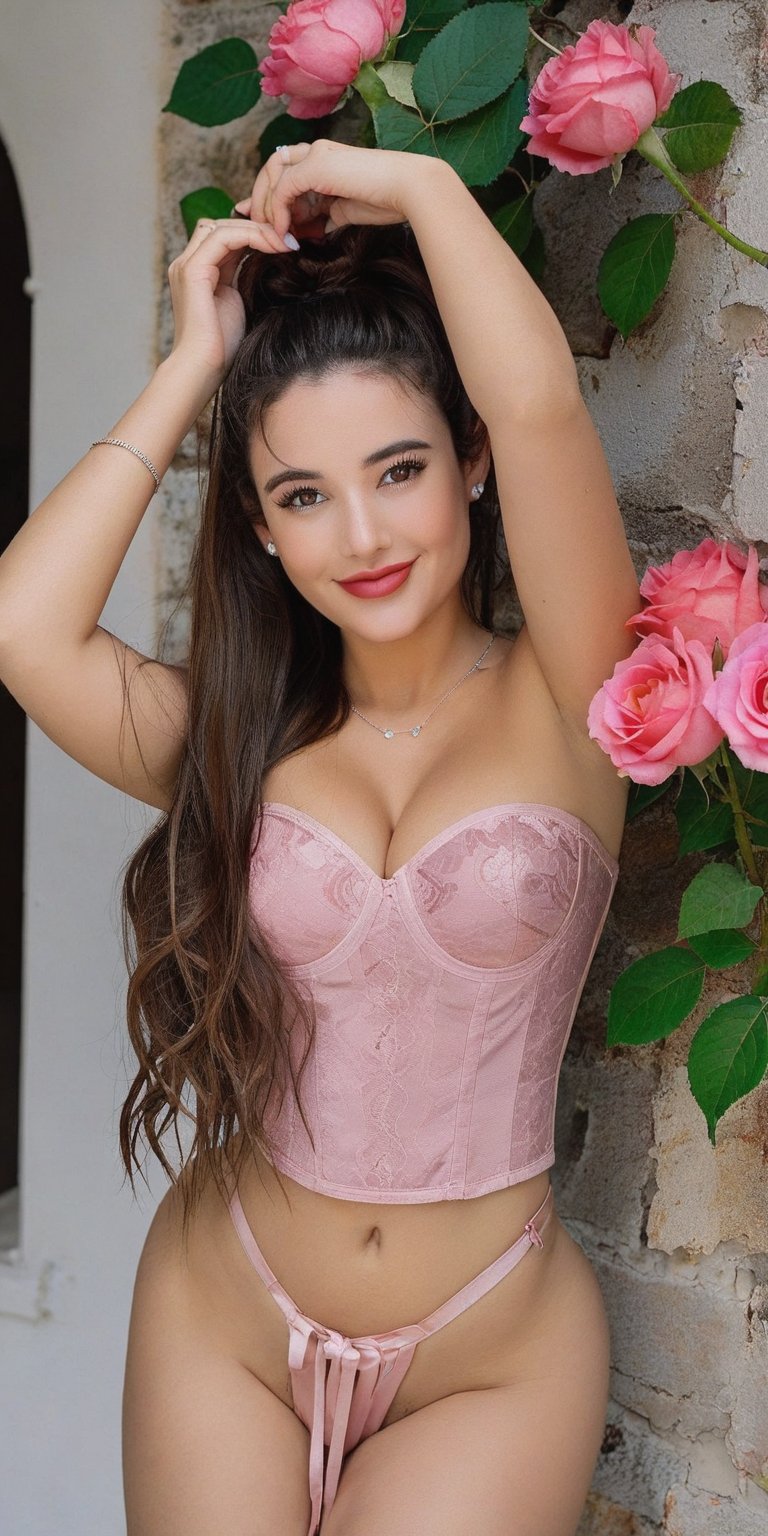 (Beauty photograph:1.3) of a petite latina woman on Valentine's Day, 23 years old, (Latina), (full natural lips, smiling big with perfect teeth), chestnut hair parted down the middle up in double buns, (hazel eyes:1.5), pale skin, high cheekbones, pink blush on cheeks, (natural feminine makeup:1.4), detailed face, hourglass figure with a flat stomach, (tiny waist), (large breasts in a low-cut red corset:1.2), absolute_cleavage, (skin tight black lace booty shorts), perfect bubble butt. (Holding a red rose). BREAK. Posing against a castle wall, sexy and seductive, hair half up and half down in a bun, beautiful big smile, she's the happiest she has ever been! muted colours, (a Valentine's Day beauty), large round breasts, red corset, ((immense overboob, breasts engorged and squeezed at the top of the red corset), black lace booty shorts, ((amazing round and toned butt)), vaporwave aesthetics, (photorealistic:1.3), viewed_from_side, feminine toned legs, well-lit, highest quality, detailed and intricate, original shot,detailmaster2,itacstl,angie