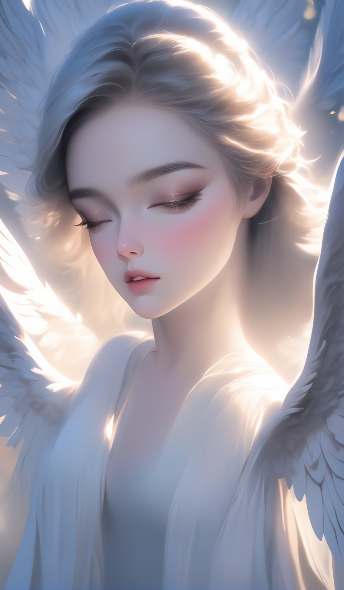 eyes closed looking upside, praying hands, beautiful angel wiht large wings, perfect hands, perfect fingers, (best quality, 4k, 8k, highres, masterpiece:1.2), ultra-detailed, (realistic, photorealistic, photo-realistic:1.37), cinematic, inner glowing shining, transparent body, beautiful detailed eyes, beautiful detailed lips, extremely detailed eyes and face, long eyelashes, soft flowing hair, graceful pose, ethereal atmosphere, soft ambient lighting, subtle color grading, sublime beauty, sublime beauty, ethereal background, captivating aura, magical scene, gentle mist, serene environment, surreal ambiance, impeccable composition, vivid colors, luminous glow, fantasy element, mysterious charm, dreamlike quality, hauntingly beautiful, peaceful expression, serene atmosphere, effortless elegance, enchanting allure, mesmerizing presence, sublime grace, angel wings, transcendent beauty, dinamic pose, cinematic, ((fantasy creature, beautiful view, motion blur, brushstrokes, concept art)),K-Eyes<lora:EMS-83712-EMS:0.800000>, <lora:EMS-24545-EMS:0.800000>, <lora:EMS-304964-EMS:0.700000>