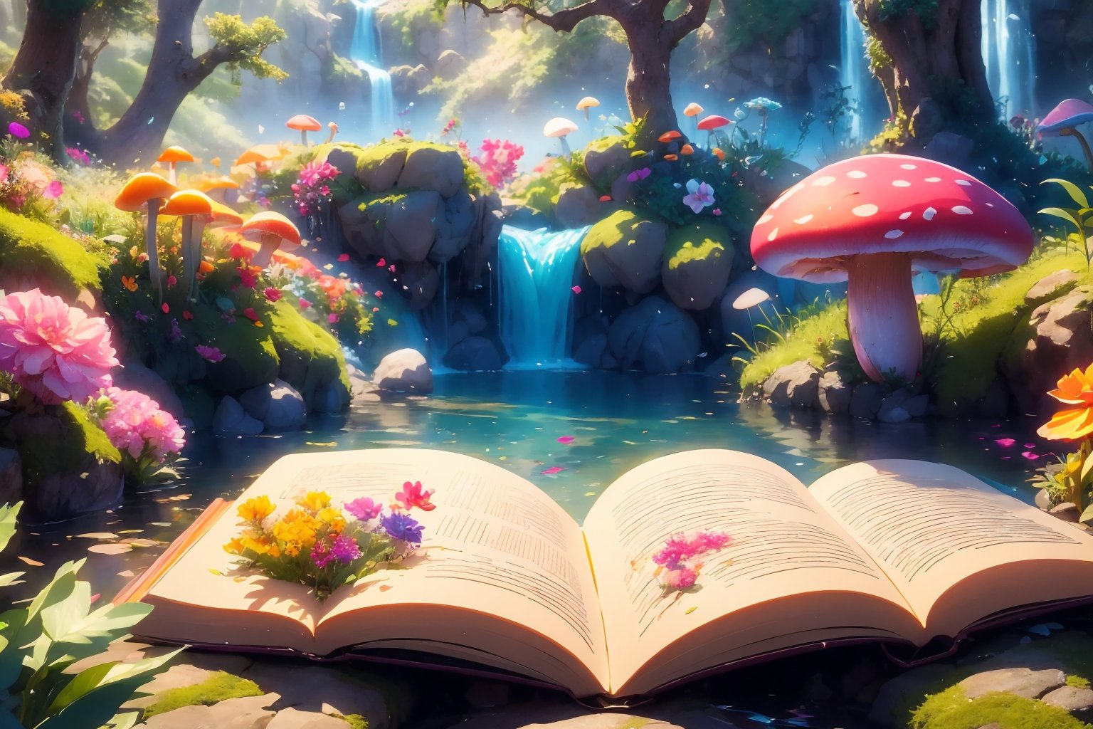 flower,outdoors,water,tree,book,no humans,grass,plant,nature,scenery,pink flower,fish,open book,yellow flower,purple flower,mushroom,waterfall,orange flower,pond,coral,<lora:EMS-304972-EMS:0.800000>