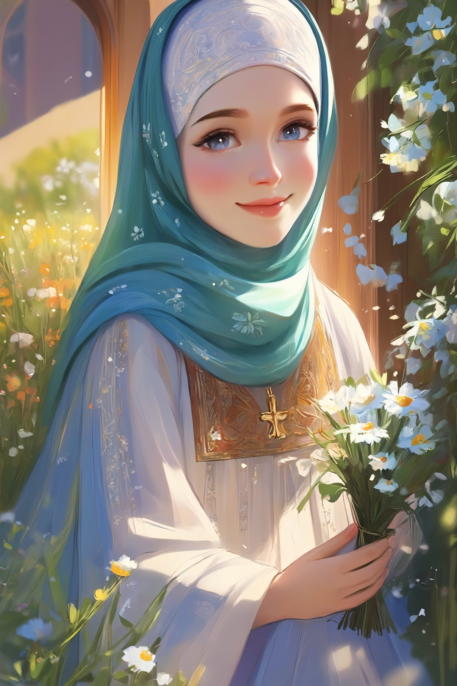 (1girl), a girl in an Orthodox church wears a modest scarf on her head, a long floor-length skirt with a pattern, beautiful girl smiles, beautiful eyes, high detail, clear face, light falls on her face, wildflowers, sunny day, voluminous lighting, soft morning light, sunlight glinting on her skin, Russian beauty (in color, color illustration), (masterpiece, detailed, highres:1.4), (perfect feminine anatomy, perfect proportions, Perfect Hands:1.125), Sweeping cinematic lens flares, ultra crisp details, (f_stop 2.8), (focal_length 85mm f/2.8), K-Eyes, Perfect Hands, Wonder of Beauty,<lora:EMS-248183-EMS:0.700000>,<lora:EMS-304982-EMS:0.800000>,<lora:EMS-299631-EMS:0.800000>