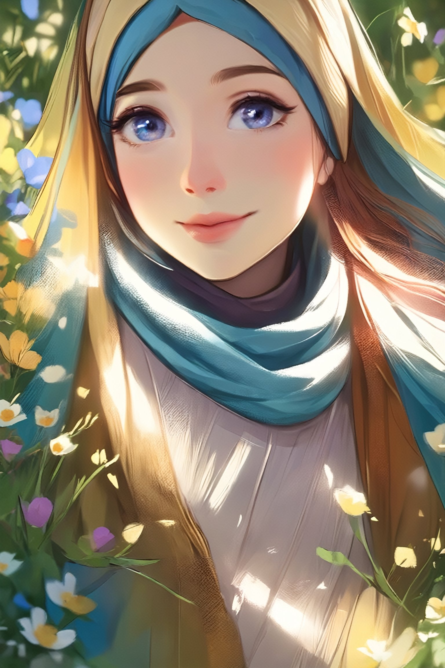 (1girl), a girl in an Orthodox church wears a modest scarf on her head, a long floor-length skirt with a pattern, beautiful girl smiles, beautiful eyes, high detail, clear face, light falls on her face, wildflowers, sunny day, voluminous lighting, soft morning light, sunlight glinting on her skin, Russian beauty (in color, color illustration), (full body, low-key, sharp focus on subject, intricate environment scenery:1.1), (masterpiece, detailed, highres:1.4), (perfect feminine anatomy, perfect proportions, Perfect Hands:1.125), Sweeping cinematic lens flares, ultra crisp details, (f_stop 2.8), (focal_length 85mm f/2.8), K-Eyes, Perfect Hands, Wonder of Beauty, K-Eyes,<lora:EMS-304982-EMS:0.900000>,<lora:EMS-299631-EMS:0.700000>,<lora:EMS-248183-EMS:0.800000>