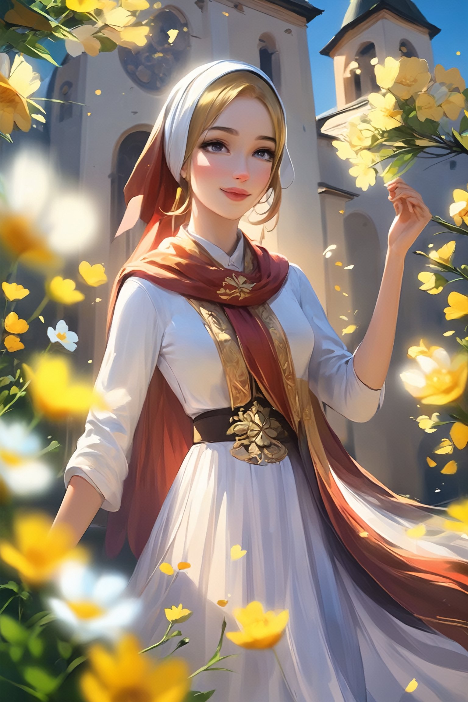 (1girl), a girl in an Orthodox church wears a modest scarf on her head, a long floor-length skirt with a pattern, beautiful girl smiles, beautiful eyes, high detail, clear face, light falls on her face, wildflowers, sunny day, voluminous lighting, soft morning light, sunlight glinting on her skin, Russian beauty (in color, color illustration), ((full body), low-key, sharp focus on subject, intricate environment scenery:1.1), (masterpiece, detailed, highres:1.4), (perfect feminine anatomy, perfect proportions, Perfect Hands:1.125), Sweeping cinematic lens flares, ultra crisp details, (f_stop 2.8), (focal_length 85mm f/2.8), K-Eyes, Perfect Hands, Wonder of Beauty, K-Eyes,Long Legs and Hot Body,<lora:EMS-248183-EMS:0.700000>,<lora:EMS-304982-EMS:0.800000>,<lora:EMS-231841-EMS:0.800000>