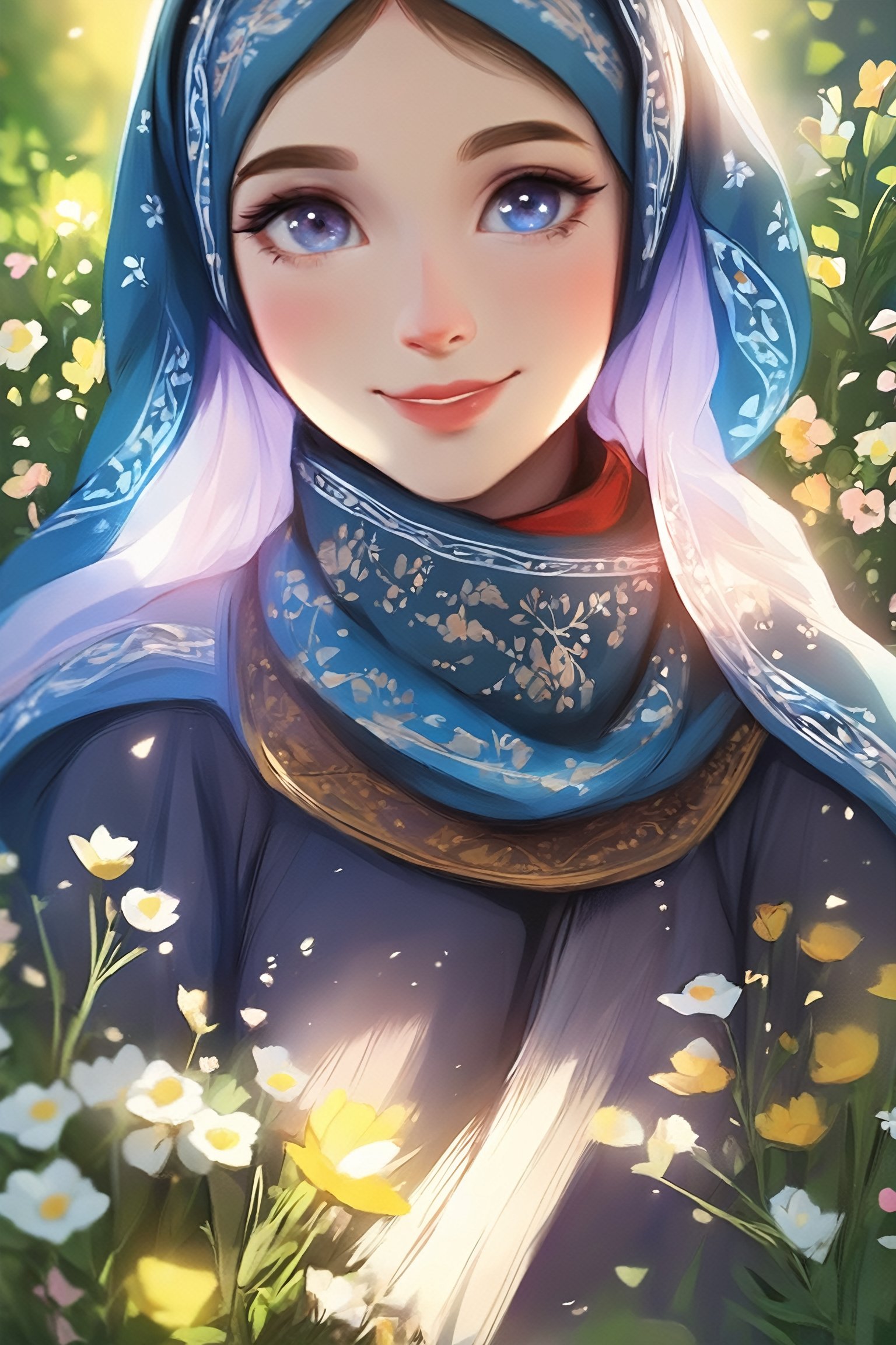 (1girl), a girl in an Orthodox church wears a modest scarf on her head, a long floor-length skirt with a pattern, beautiful girl smiles, beautiful eyes, high detail, clear face, light falls on her face, wildflowers, sunny day, voluminous lighting, soft morning light, sunlight glinting on her skin, Russian beauty (in color, color illustration), (full body, low-key, sharp focus on subject, intricate environment scenery:1.1), (masterpiece, detailed, highres:1.4), (perfect feminine anatomy, perfect proportions, Perfect Hands:1.125), Sweeping cinematic lens flares, ultra crisp details, (f_stop 2.8), (focal_length 85mm f/2.8), K-Eyes, Perfect Hands, Wonder of Beauty, K-Eyes,<lora:EMS-248183-EMS:0.700000>,<lora:EMS-304982-EMS:0.800000>,<lora:EMS-299631-EMS:0.800000>