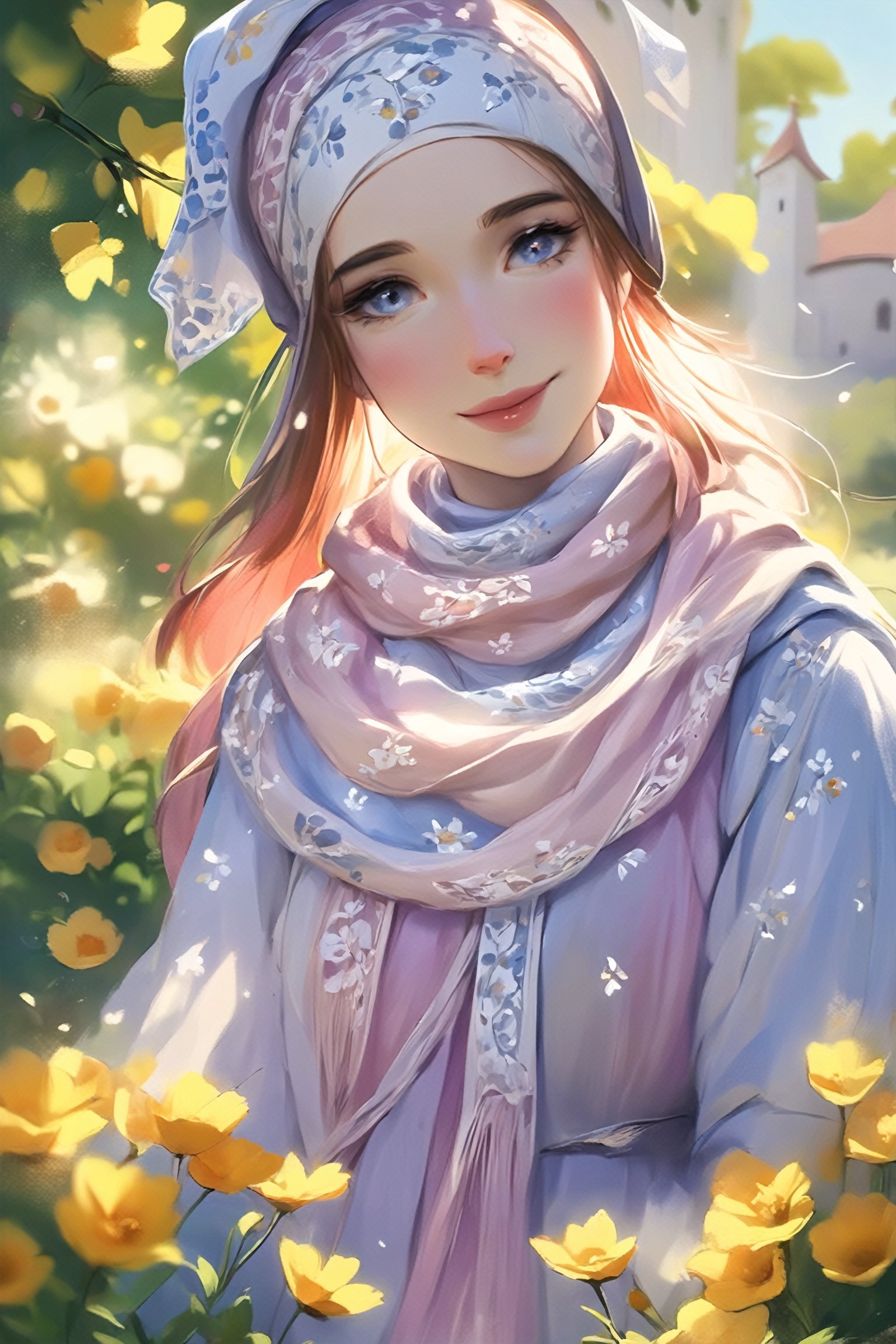 (1girl), a girl in an Orthodox church wears a modest scarf on her head, a long floor-length skirt with a pattern, beautiful girl smiles, beautiful eyes, high detail, clear face, light falls on her face, wildflowers, sunny day, voluminous lighting, soft morning light, sunlight glinting on her skin, Russian beauty (in color, color illustration), ((full body), low-key, sharp focus on subject, intricate environment scenery:1.1), (masterpiece, detailed, highres:1.4), (perfect feminine anatomy, perfect proportions, Perfect Hands:1.125), Sweeping cinematic lens flares, ultra crisp details, (f_stop 2.8), (focal_length 85mm f/2.8), K-Eyes, Perfect Hands, Wonder of Beauty, K-Eyes,Long Legs and Hot Body,<lora:EMS-248183-EMS:0.700000>,<lora:EMS-304982-EMS:0.800000>,<lora:EMS-231841-EMS:0.800000>