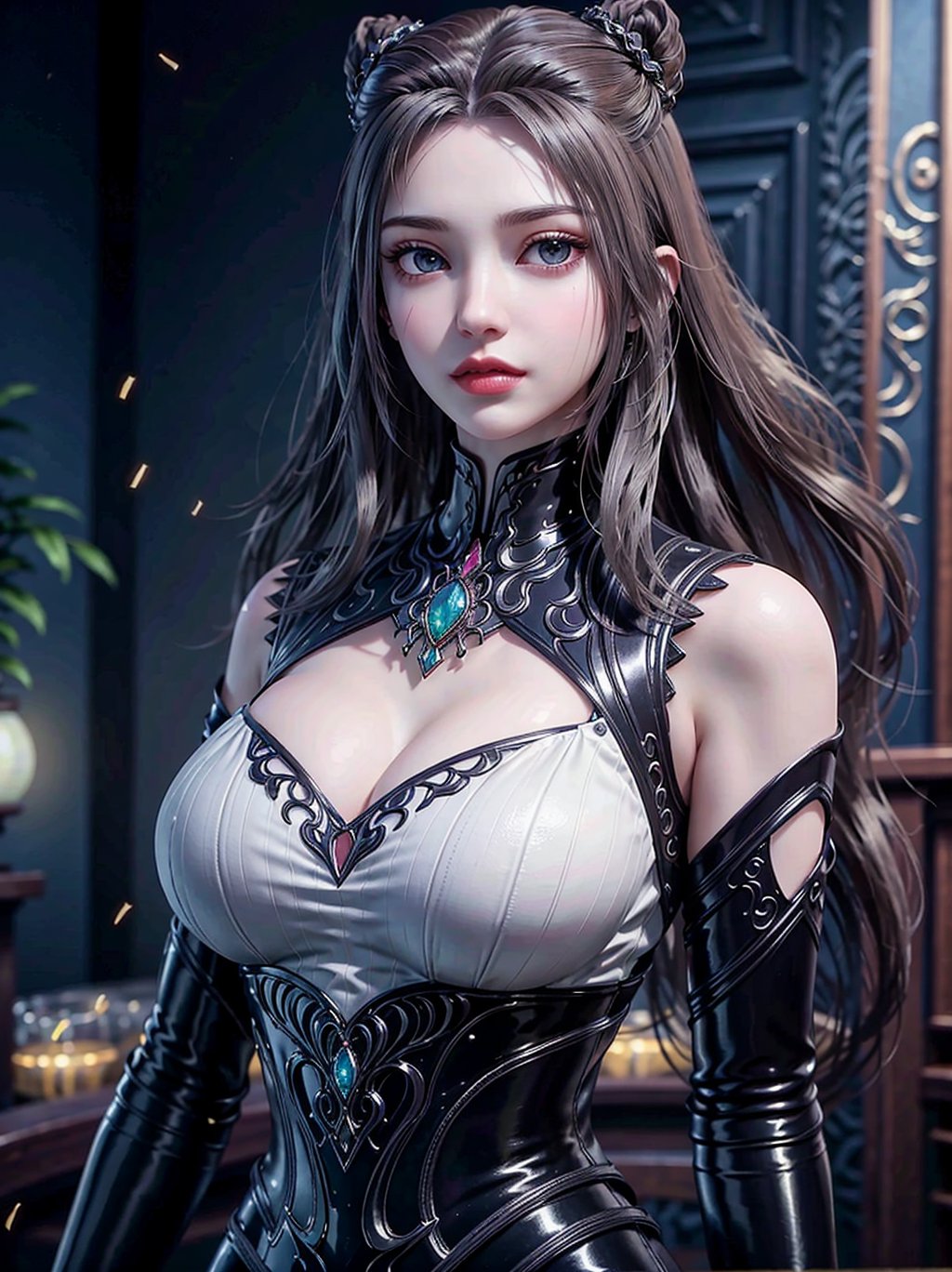 ultra realistic 8k cg,picture-perfect face,flawless,clean,masterpiece,professional artwork,famous artwork,cinematic lighting,cinematic bloom,perfect face,beautiful face,beautiful eyes,fantasy,dreamlike,unreal,science fiction,(large breasts:1.2),beautiful clothes,absurdly long hair,very long hair,(rich:1.4),prestige,luxury,jewelry,diamond,gold,pearl,gem,sapphire,ruby,emerald,intricate detail,delicate,upper body,ningrongrong,(cleavage:1.2),black pantyhose,outdoors,standing,looking at viewer,<lora:EMS-46781-EMS:0.400000>,<lora:EMS-305020-EMS:0.600000>