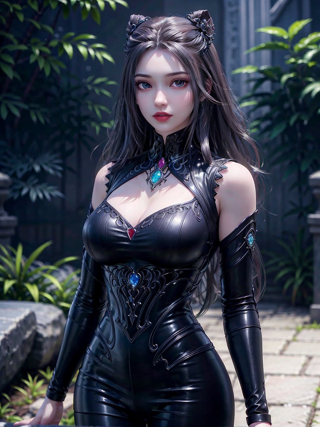 ultra realistic 8k cg,picture-perfect face,flawless,clean,masterpiece,professional artwork,famous artwork,cinematic lighting,cinematic bloom,perfect face,beautiful face,beautiful eyes,fantasy,dreamlike,unreal,science fiction,(large breasts:1.2),beautiful clothes,absurdly long hair,very long hair,(rich:1.4),prestige,luxury,jewelry,diamond,gold,pearl,gem,sapphire,ruby,emerald,intricate detail,delicate,upper body,ningrongrong,(cleavage:1.2),black pantyhose,outdoors,standing,looking at viewer,<lora:EMS-305020-EMS:0.600000>,<lora:EMS-46781-EMS:0.400000>