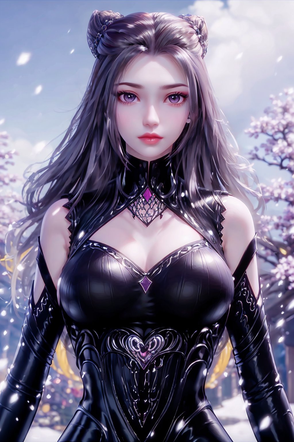 best quality, masterpiece, ultra high res,1girl, big breast, looking at viewer,pure color background,snowing,with plum blossoms next to her,yosshi film,<lora:EMS-1093-EMS:0.200000>,<lora:EMS-305020-EMS:0.900000>